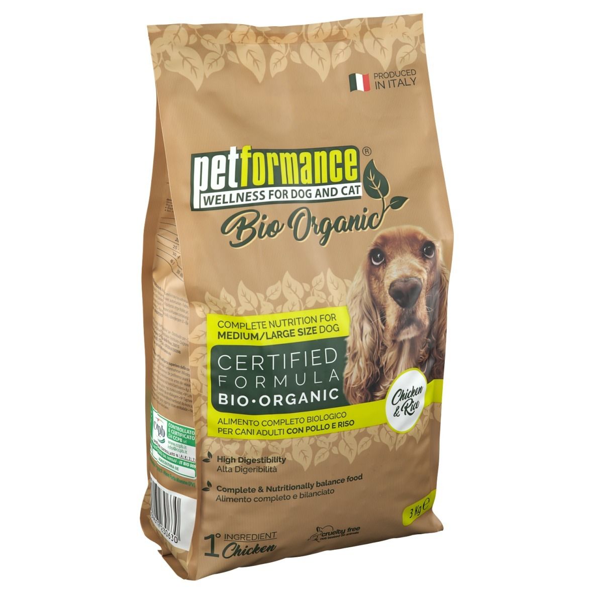 Hundefutter-Beutel. Aufdruck: Bio Organic, Huhn & Reis. Braune Verpackung mit Hundefoto. 3 kg.