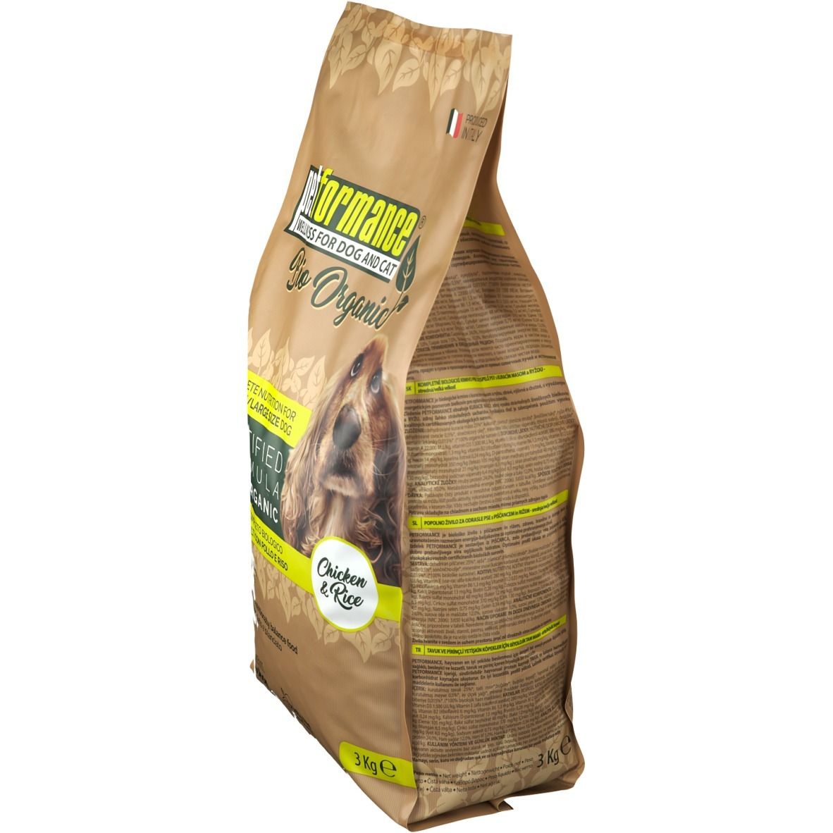 Hundefutter-Beutel. Aufdruck: Bio Organic, Huhn & Reis. Braune Verpackung mit Hundefoto. 3 kg.