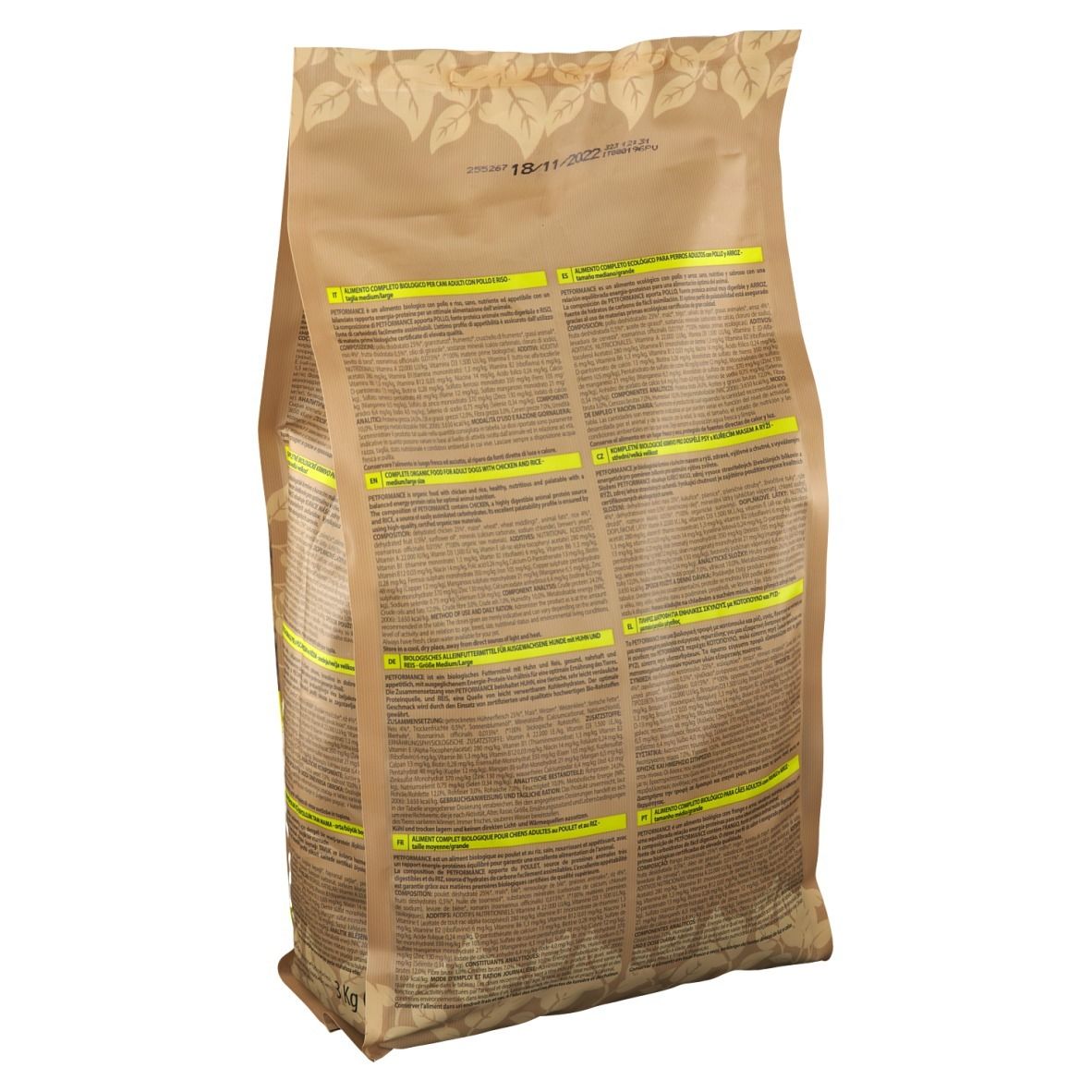 Hundefutter-Beutel. Rückseite mit Text. Braune Verpackung. EU-Bio-Logo. 3 kg.