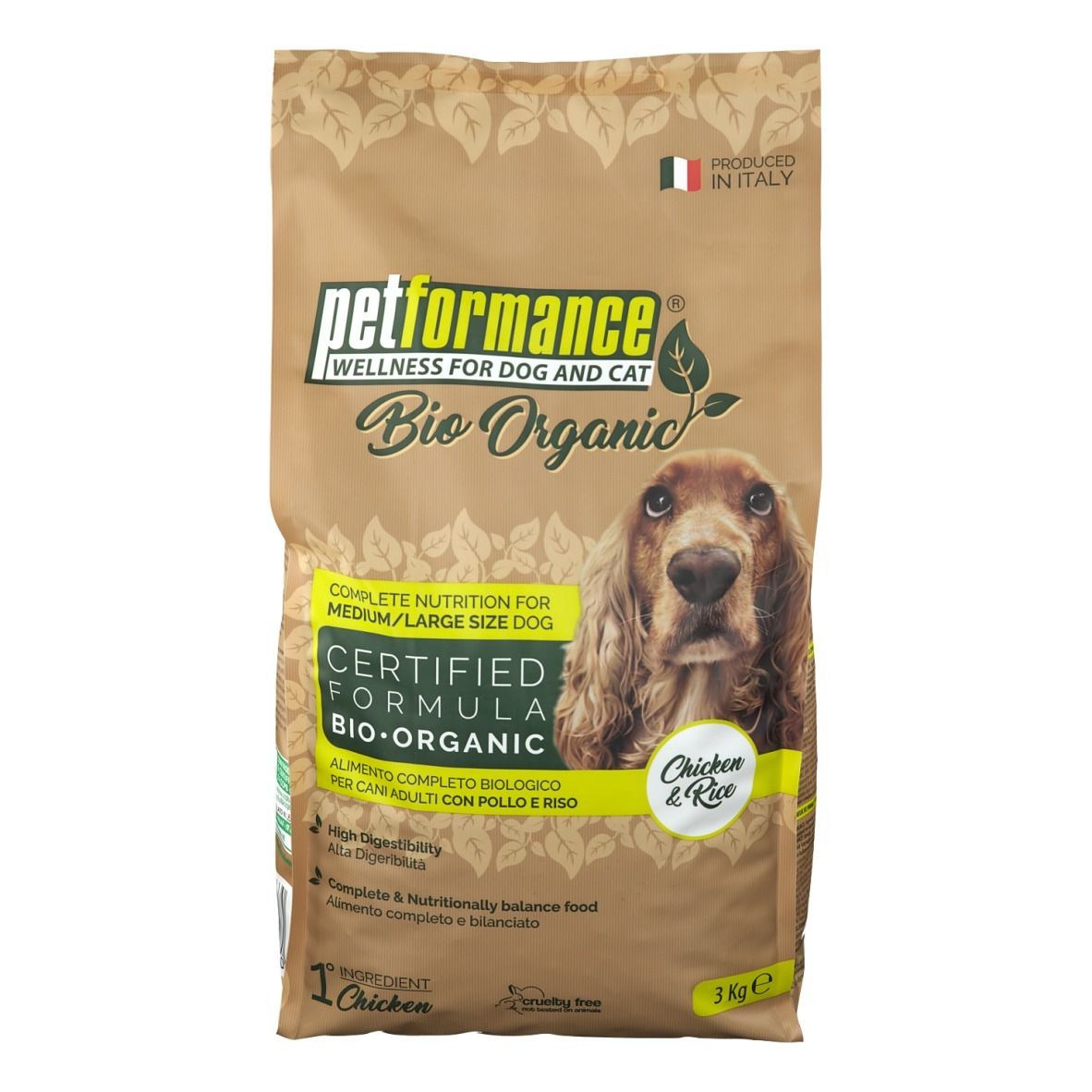 Hundefutter-Beutel. Aufdruck: Bio Organic, Huhn & Reis. Braune Verpackung mit Hundefoto. 3 kg.