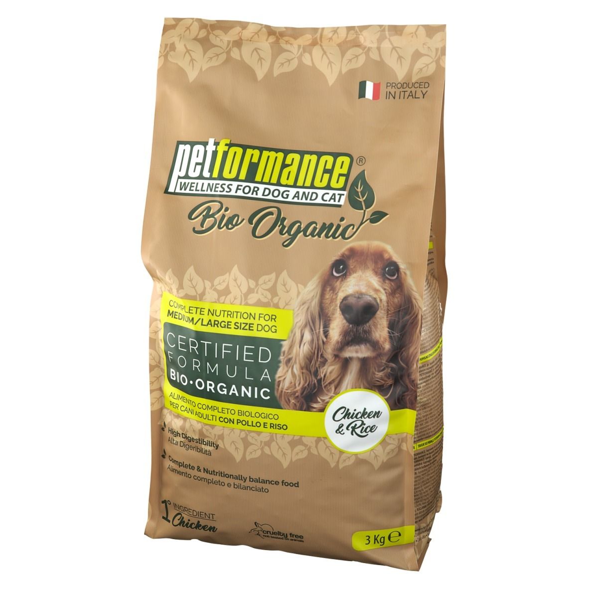 Hundefutter-Beutel. Aufdruck: Bio Organic, Huhn & Reis. Braune Verpackung mit Hundefoto. 3 kg.