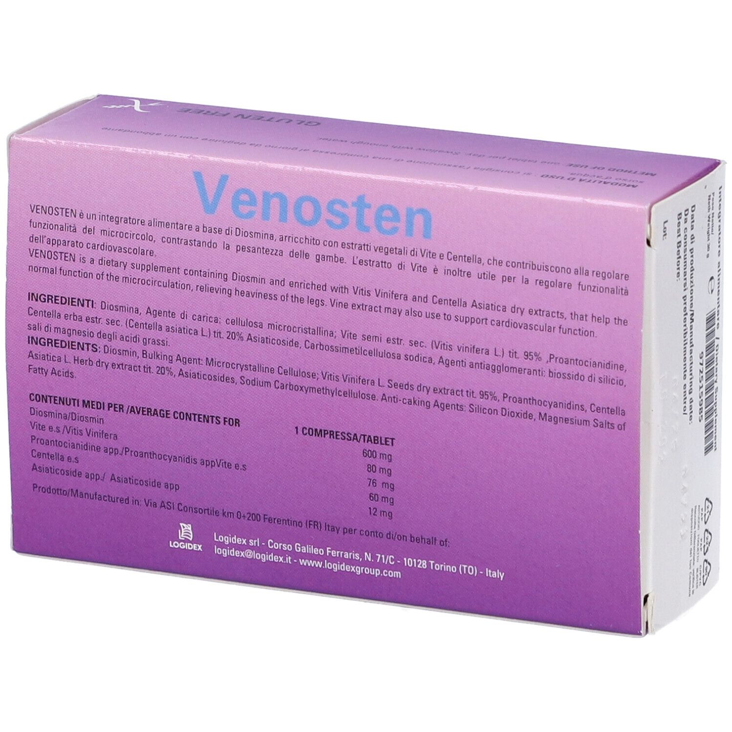 Rückseite der Venosten-Verpackung. Enthält Informationen zu Inhaltsstoffen und Inhaltsangaben pro Tablette.