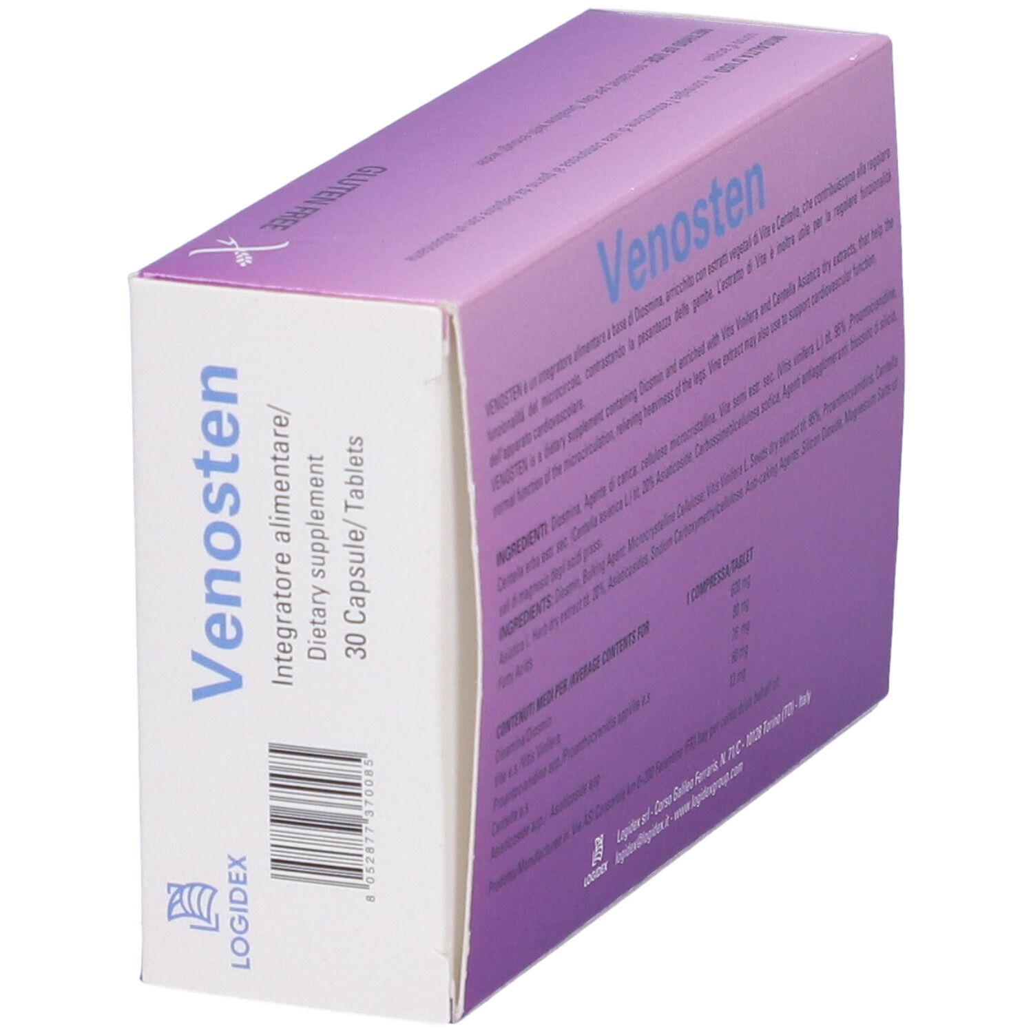 Schrägansicht der Venosten-Verpackung. Enthält Informationen über das Produkt und die Inhaltsstoffe. Glutenfrei.