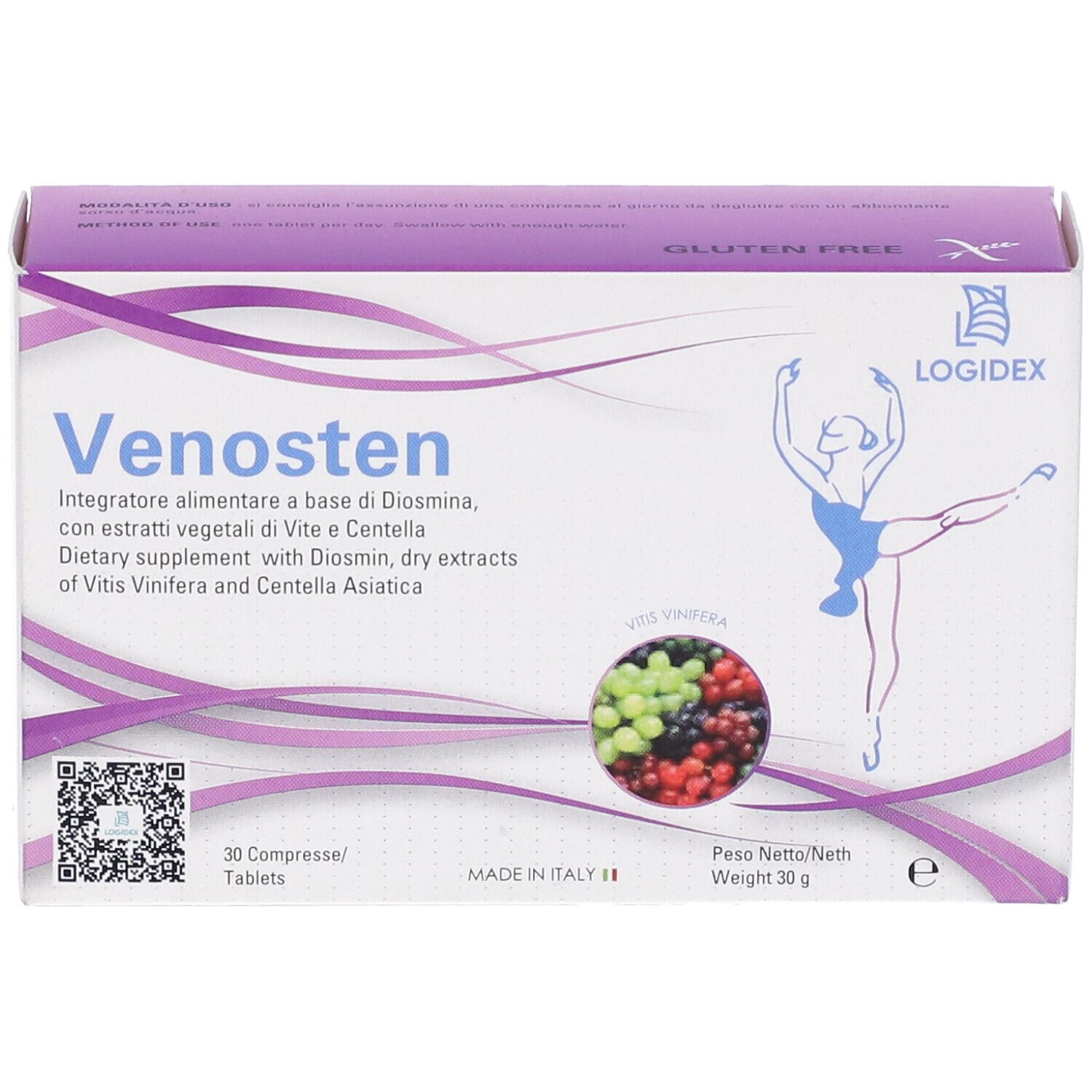 Karton mit Produktnamen und Logo. Enthält 30 Tabletten. Abbildung einer Tänzerin. Glutenfrei.