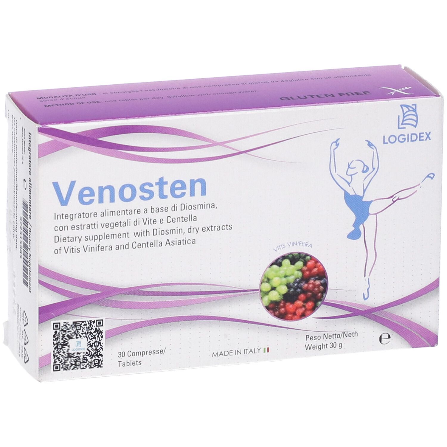 Karton mit Produktnamen und Logo. Enthält 30 Tabletten. Abbildung einer Tänzerin. Glutenfrei.