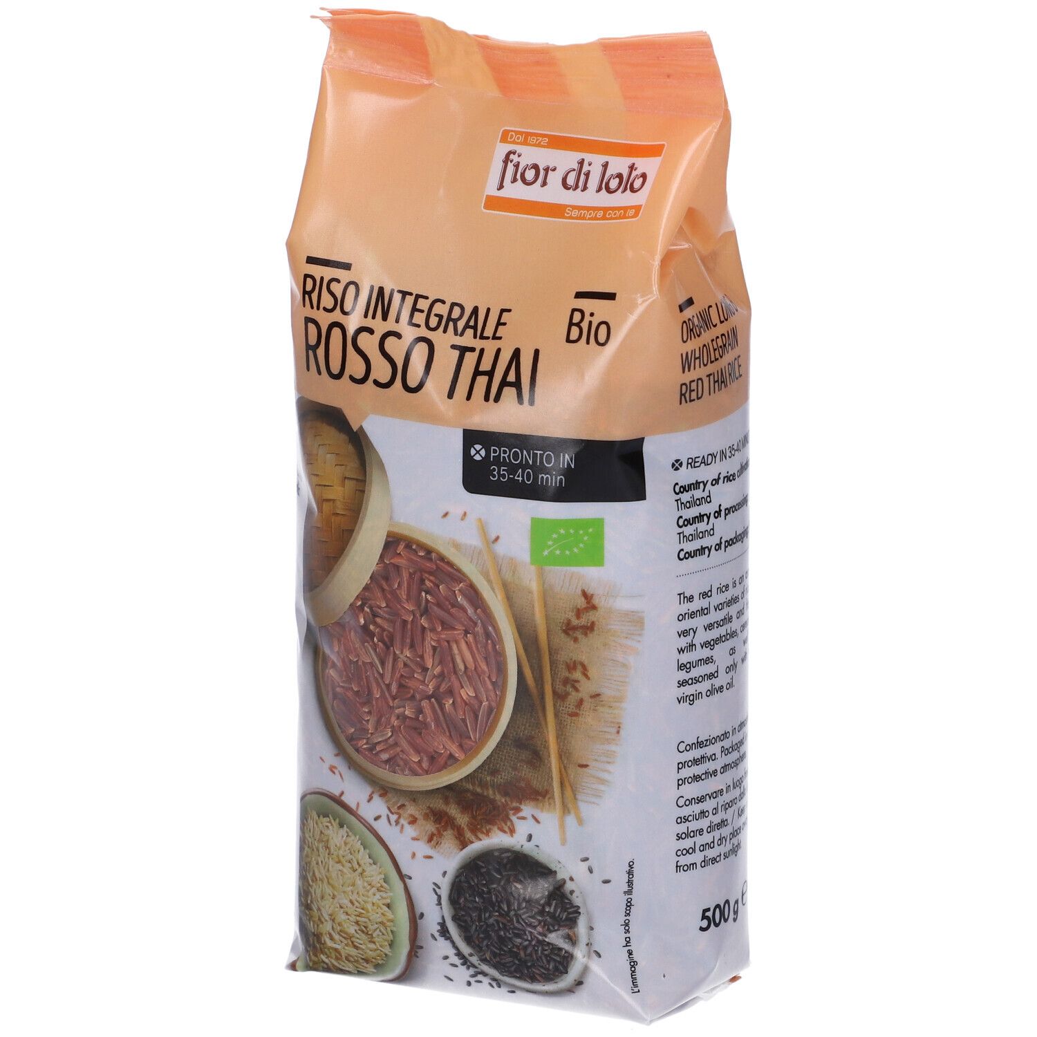 Confezione Riso Rosso Thai. Sigillo Bio. Testo: Riso Integrale Rosso Thai.