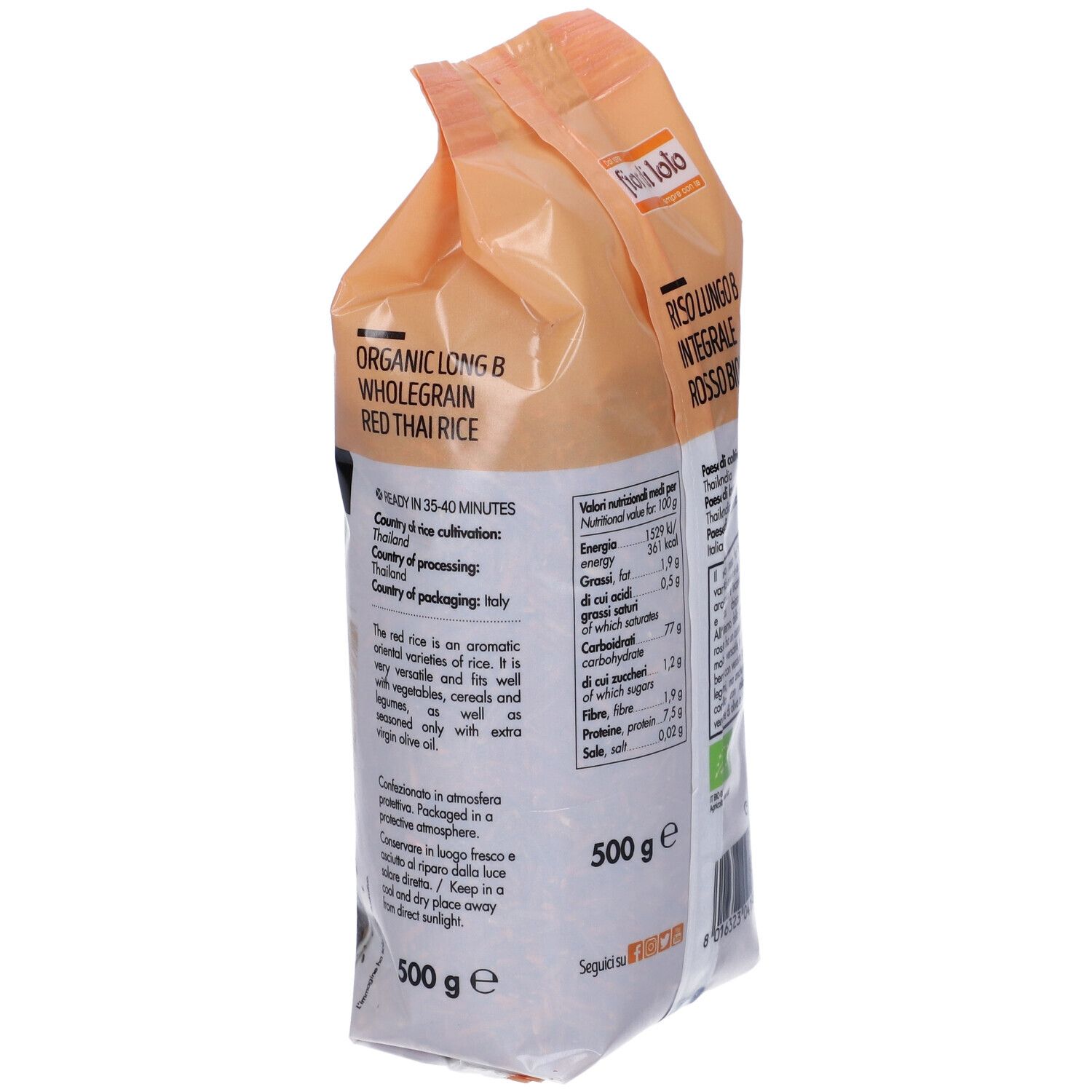 Retro confezione. Organic Long B Whole grain Red Thai Rice. Testo e informazioni.