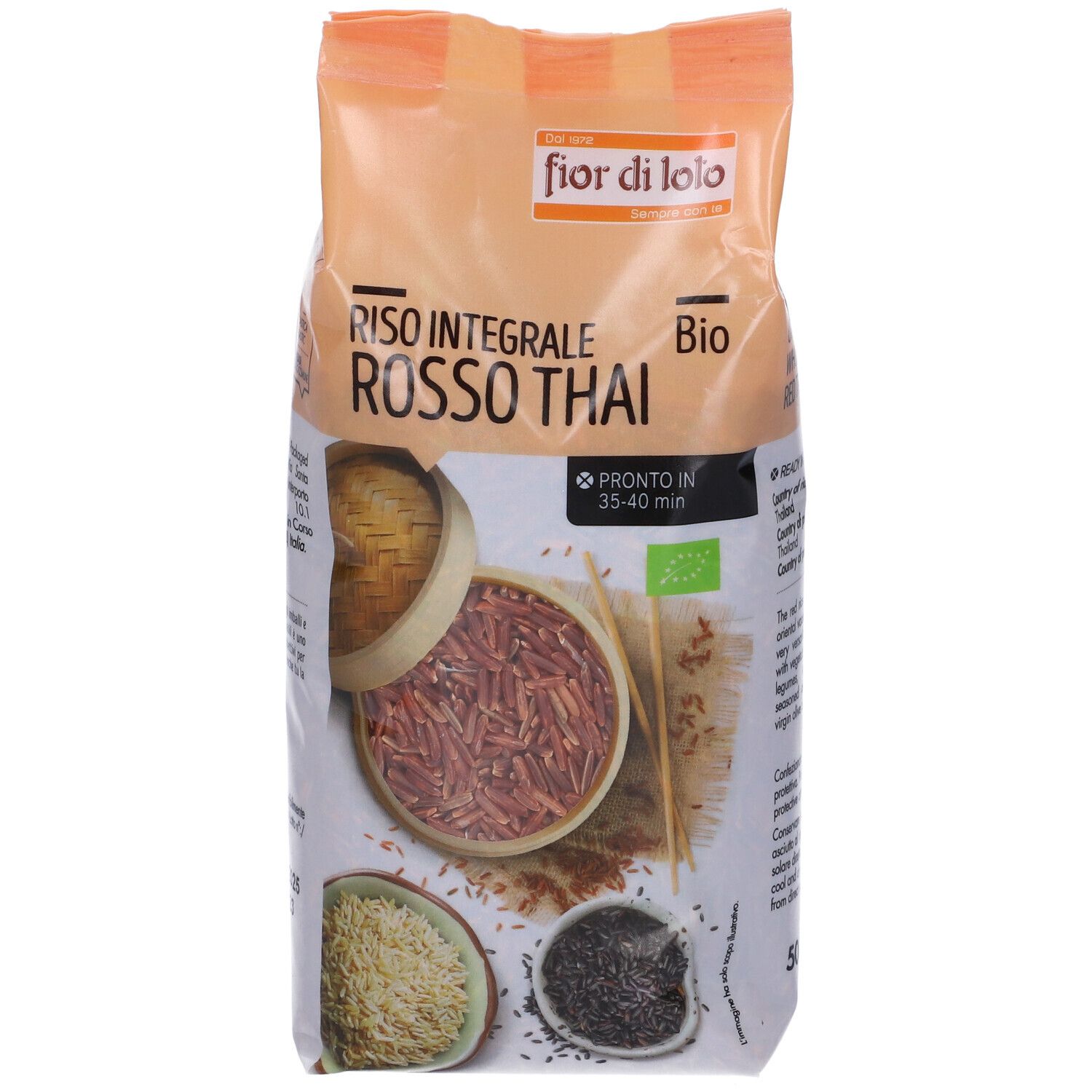 Confezione Riso Rosso Thai. Sigillo Bio. Testo: Riso Integrale Rosso Thai. Tempo di cottura.