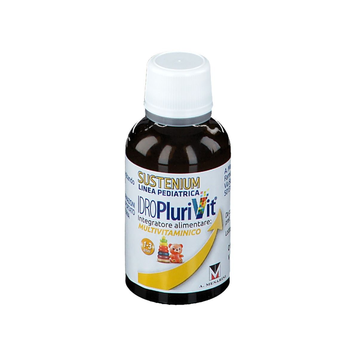 Flacone marrone con tappo bianco. Scritta: SUSTENIUM Idroplurivit Multivitaminico. Freccia gialla.