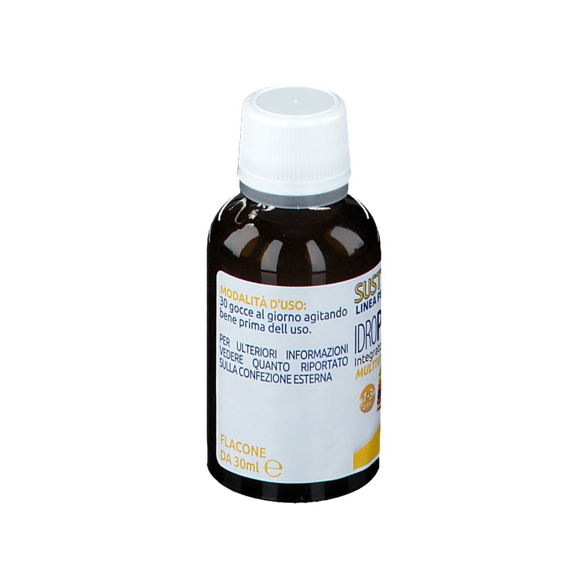 Flacone marrone con tappo bianco. Scritte e testo. Flacone in posizione verticale.