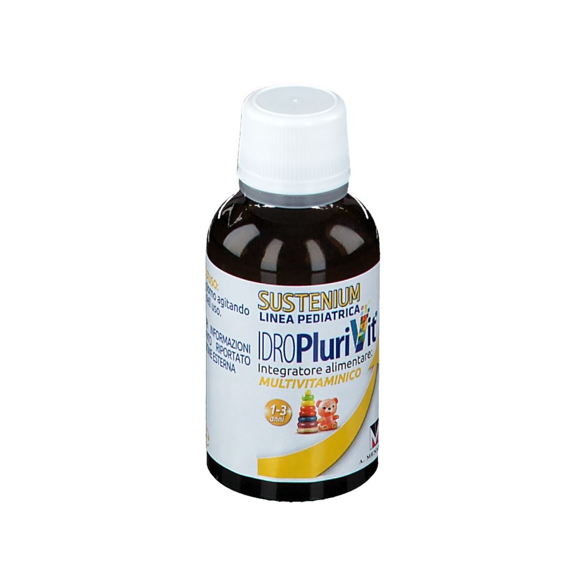 Flacone marrone con tappo bianco. Scritta: SUSTENIUM Idroplurivit Multivitaminico. Freccia gialla.
