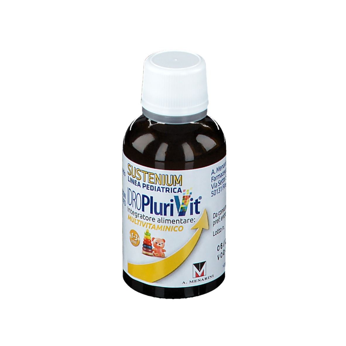 Flacone marrone con tappo bianco. Scritta: SUSTENIUM Idroplurivit Multivitaminico. Freccia gialla.