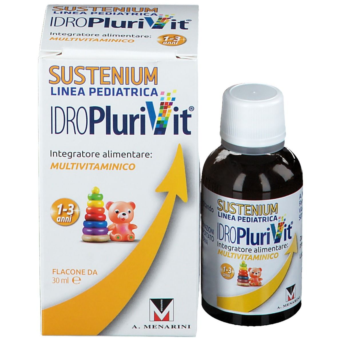 Confezione e flacone. Scritta: SUSTENIUM Idroplurivit Multivitaminico. Freccia gialla. 1-3 anni.