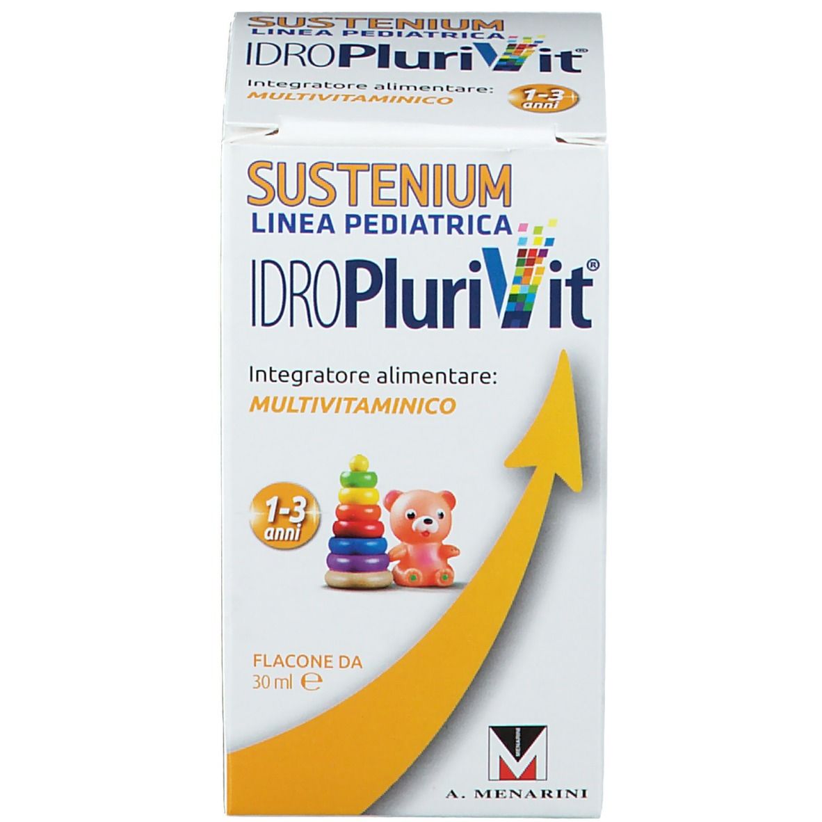 Confezione del prodotto. Scritta: SUSTENIUM Idroplurivit Multivitaminico. Freccia gialla. 1-3 anni.
