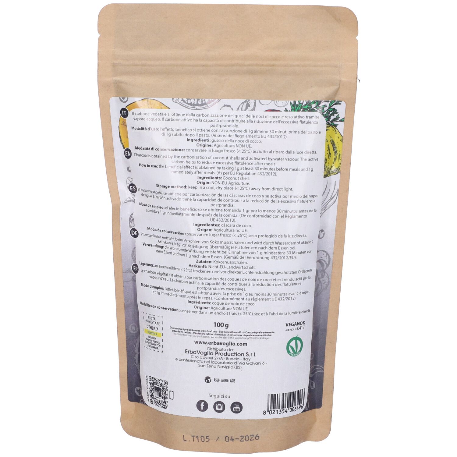 Retro di una busta con testo. Testo: Modo d'uso, ingredienti, origine, conservazione. Sigillo verde. Codice a barre.