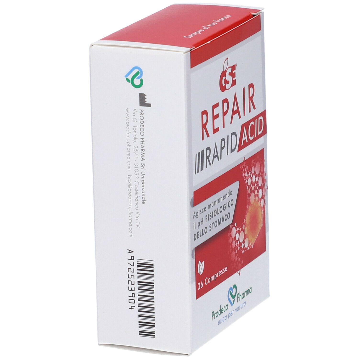 Scatola GSE Repair Rapid Acid, vista laterale. Bianca e rossa. Testo: 36 compresse, mantiene il pH.
