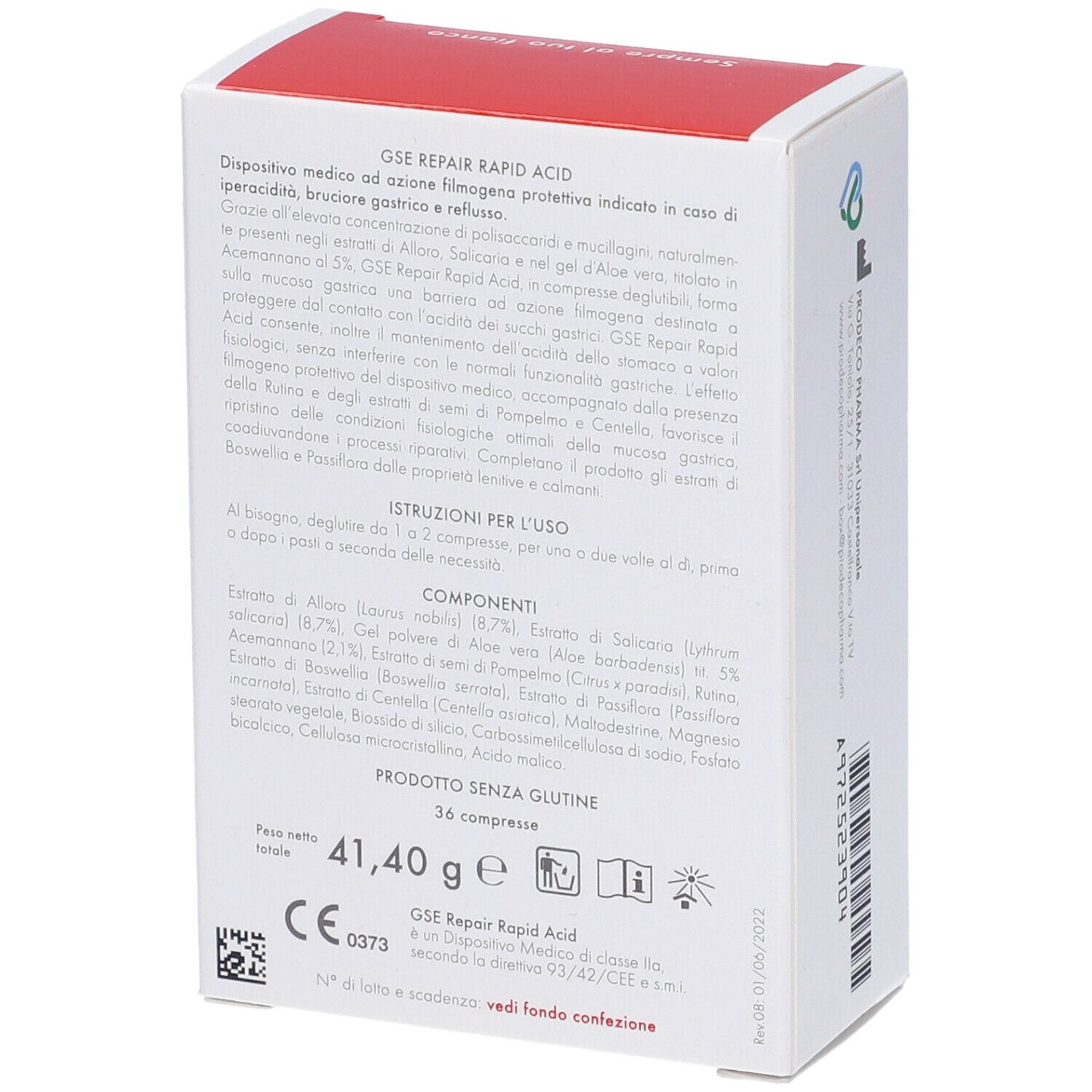 Scatola GSE Repair Rapid Acid, retro. Bianco e rosso. Testo: 36 compresse, senza glutine, ingredienti.