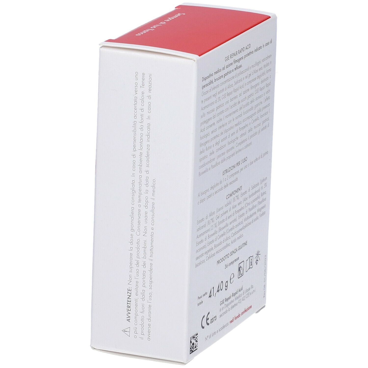 Scatola GSE Repair Rapid Acid, vista laterale. Bianco e rosso. Testo: 36 compresse, senza glutine, ingredienti.