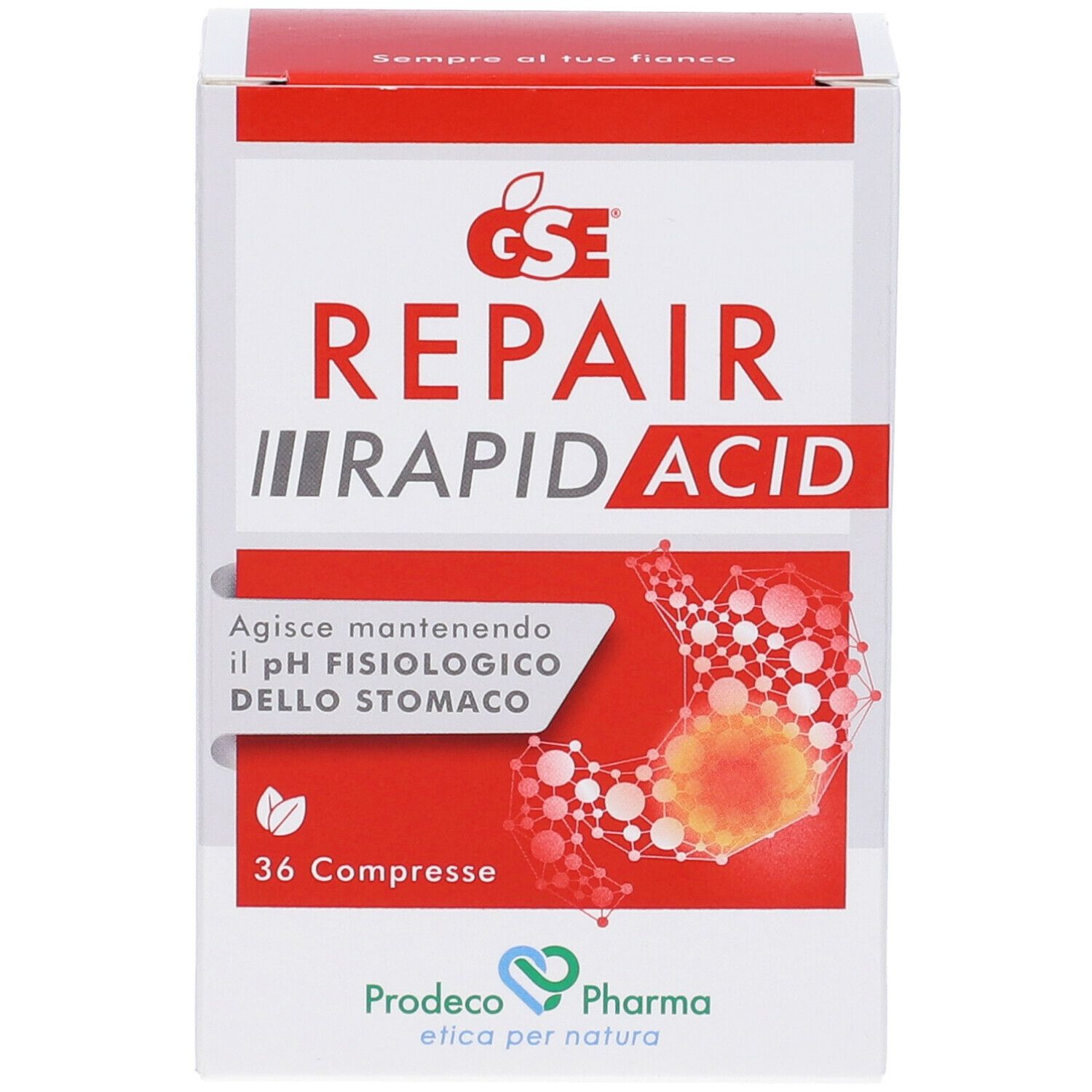 Scatola di GSE Repair Rapid Acid. Bianca e rossa. Testo: 36 compresse, mantiene il pH.