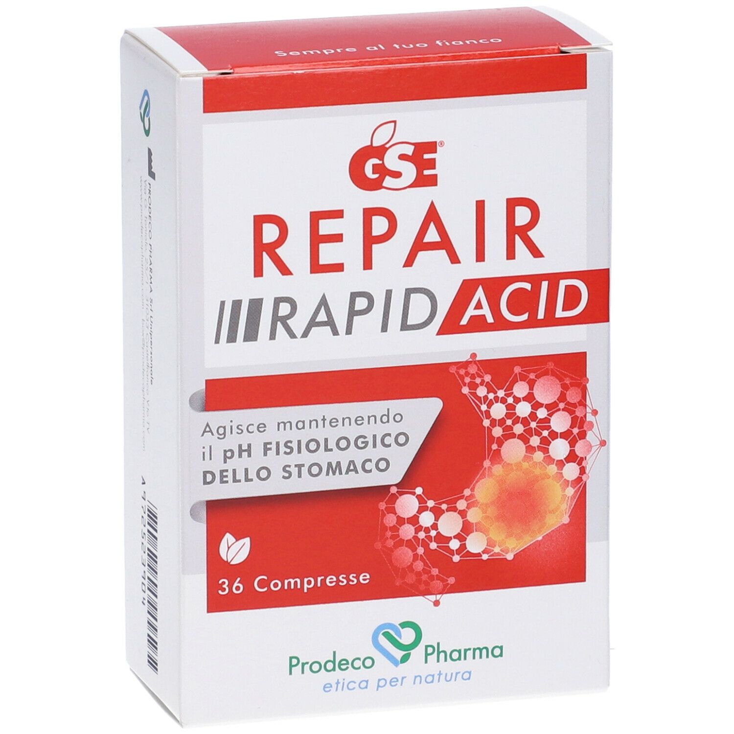 Scatola di GSE Repair Rapid Acid. Bianca e rossa. Testo: 36 compresse, mantiene il pH.