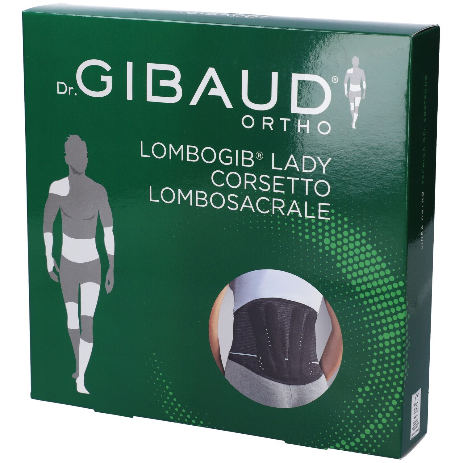 Grüne Verpackung. Dr. Gibaud Ortho, Lombogib Lady Corsetto Lombosacrale. Abbildung eines Korsetts. Logo und Produktbezeichnung.