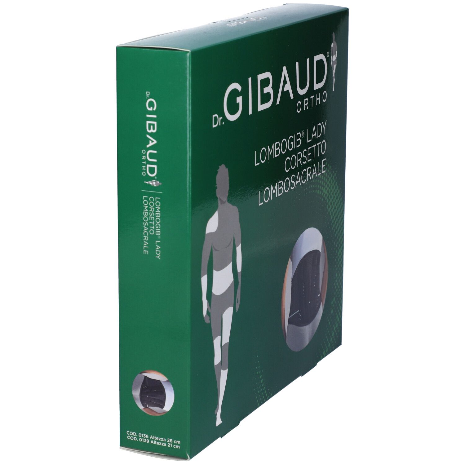 Grüne Verpackung. Dr. Gibaud Ortho, Lombogib Lady Corsetto Lombosacrale. Korsett-Abbildung. Logo und Produktbezeichnung.