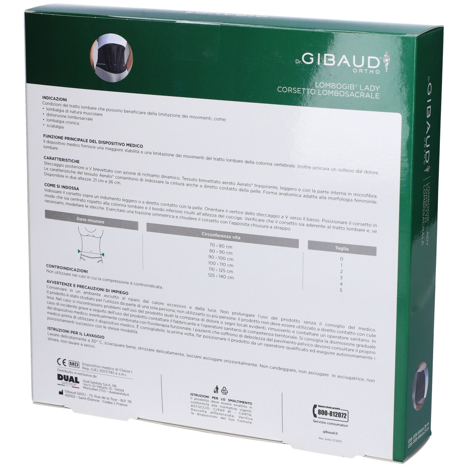 Rückseite der Verpackung. Dr. Gibaud Ortho, Lombogib Lady Corsetto Lombosacrale. Text, Größentabelle, Logos und Zertifizierungen.
