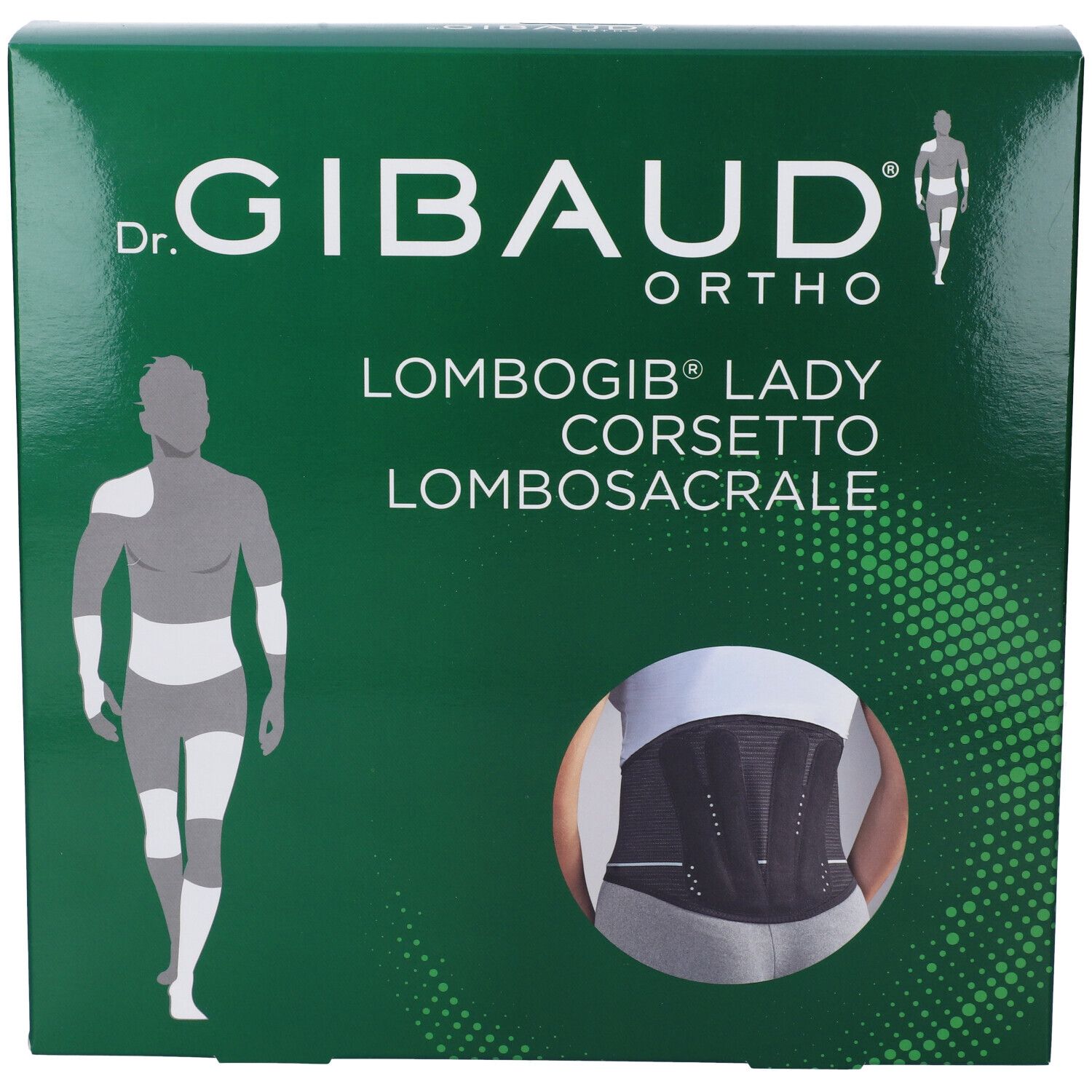 Grüne Verpackung. Dr. Gibaud Ortho, Lombogib Lady Corsetto Lombosacrale. Abbildung eines Korsetts. Logo und Produktbezeichnung.