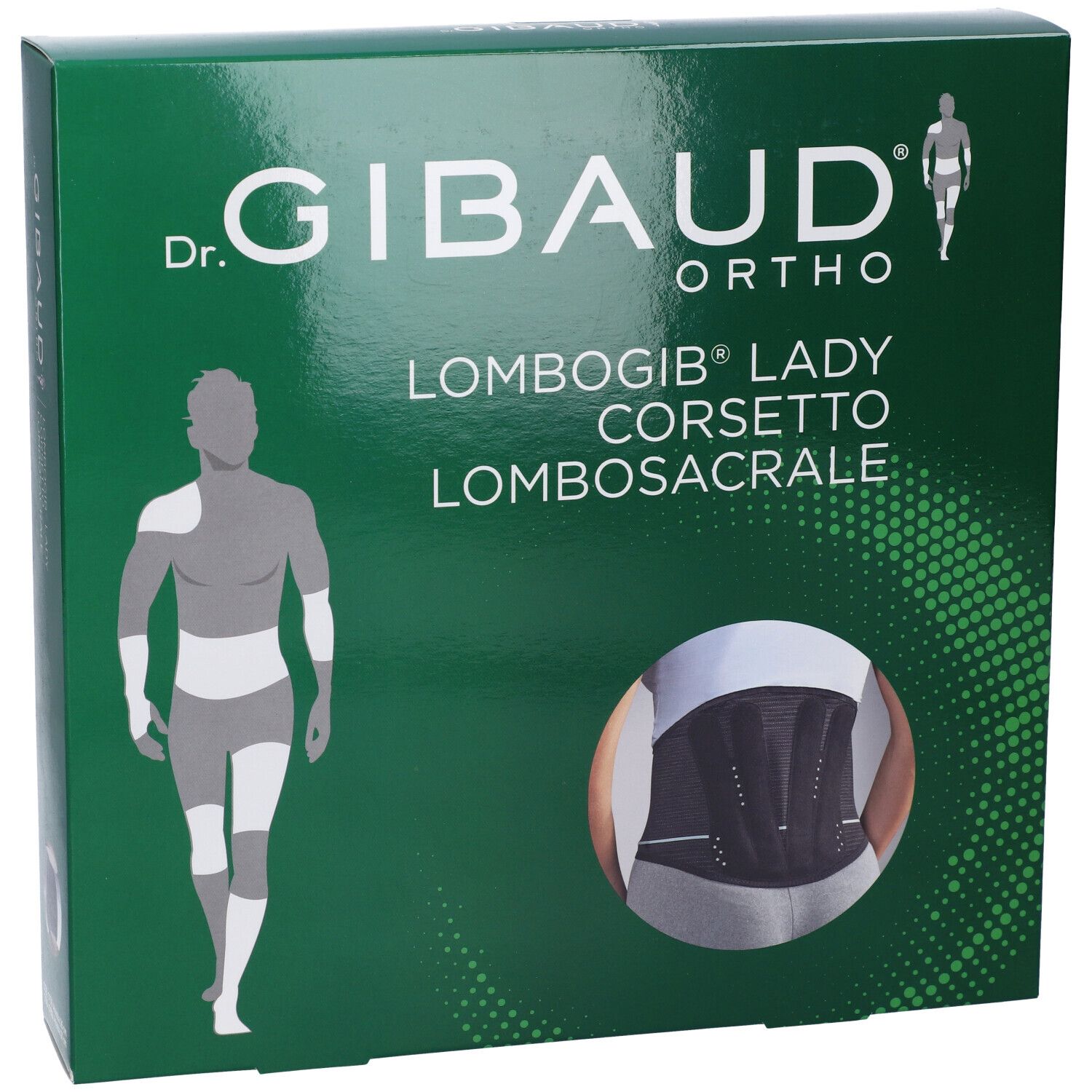 Grüne Verpackung. Dr. Gibaud Ortho, Lombogib Lady Corsetto Lombosacrale. Abbildung eines Korsetts. Logo und Produktbezeichnung.