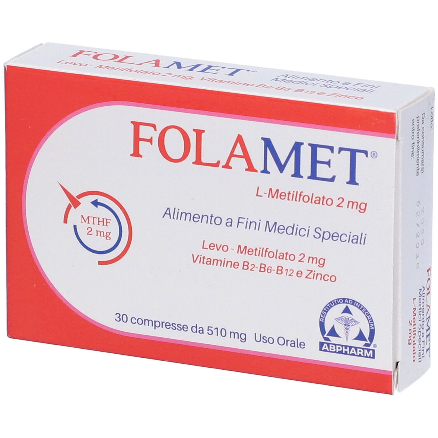 Scatola di compresse Folamet. Scritta: Folamet, L-Metilfolato 2 mg, 30 compresse. Logo e testo in italiano.
