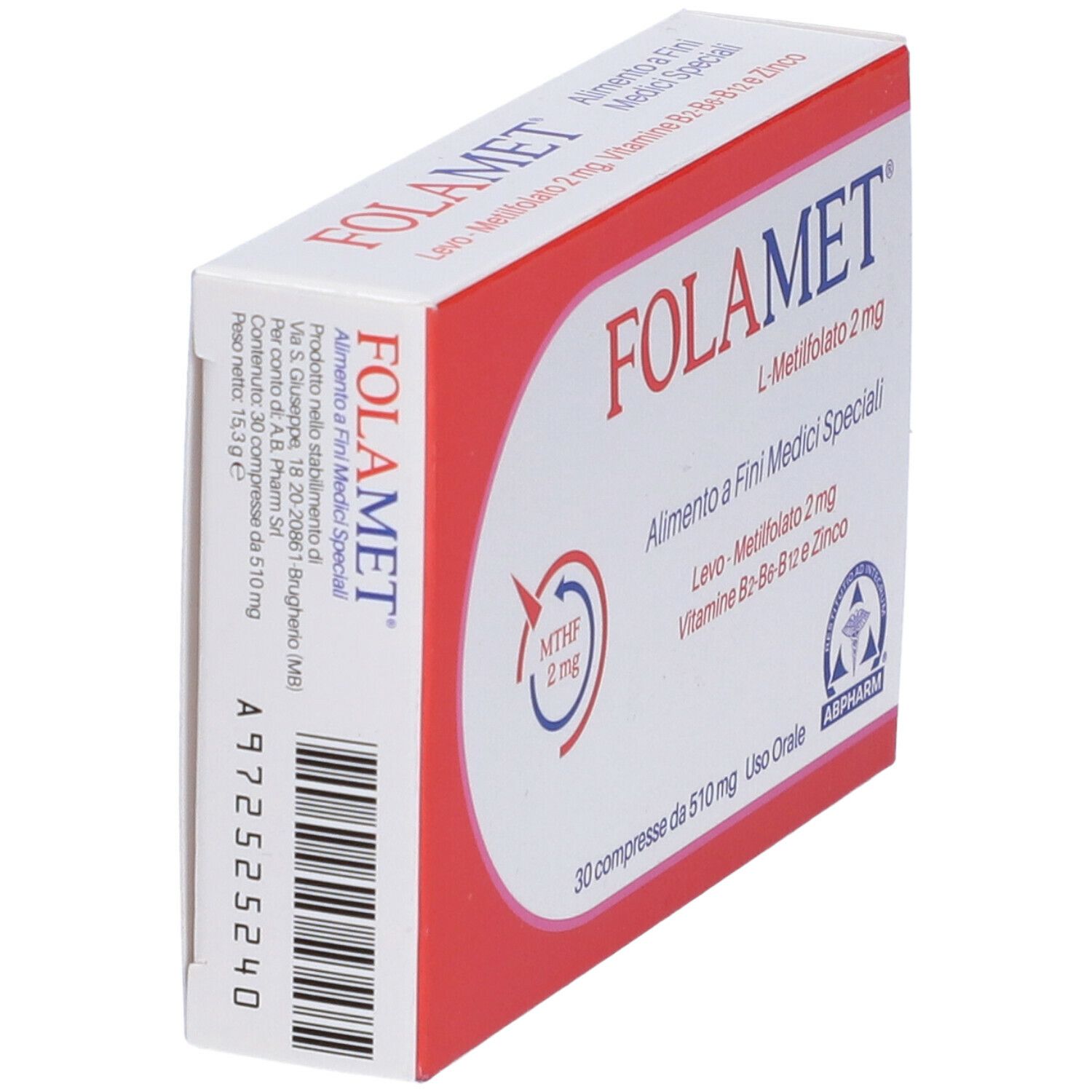 Scatola di compresse Folamet, angolata. Scritta: Folamet, L-Metilfolato 2 mg, 30 compresse. Logo e testo in italiano.