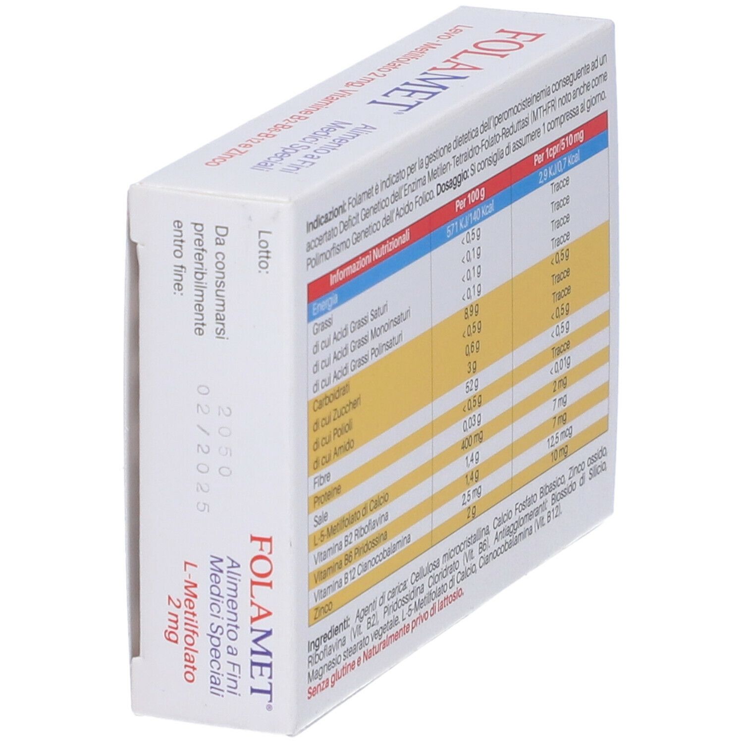 Scatola di compresse Folamet, angolata. Retro con informazioni nutrizionali. Testo in italiano.