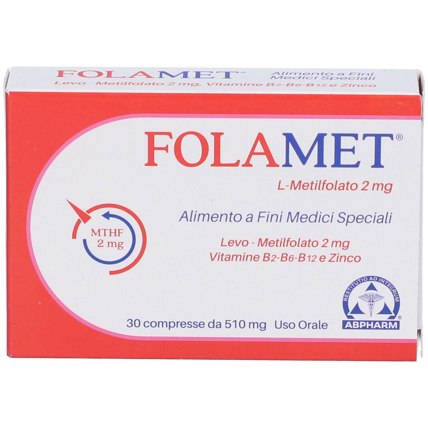 Scatola di compresse Folamet. Scritta: Folamet, L-Metilfolato 2 mg, 30 compresse. Logo e testo in italiano.