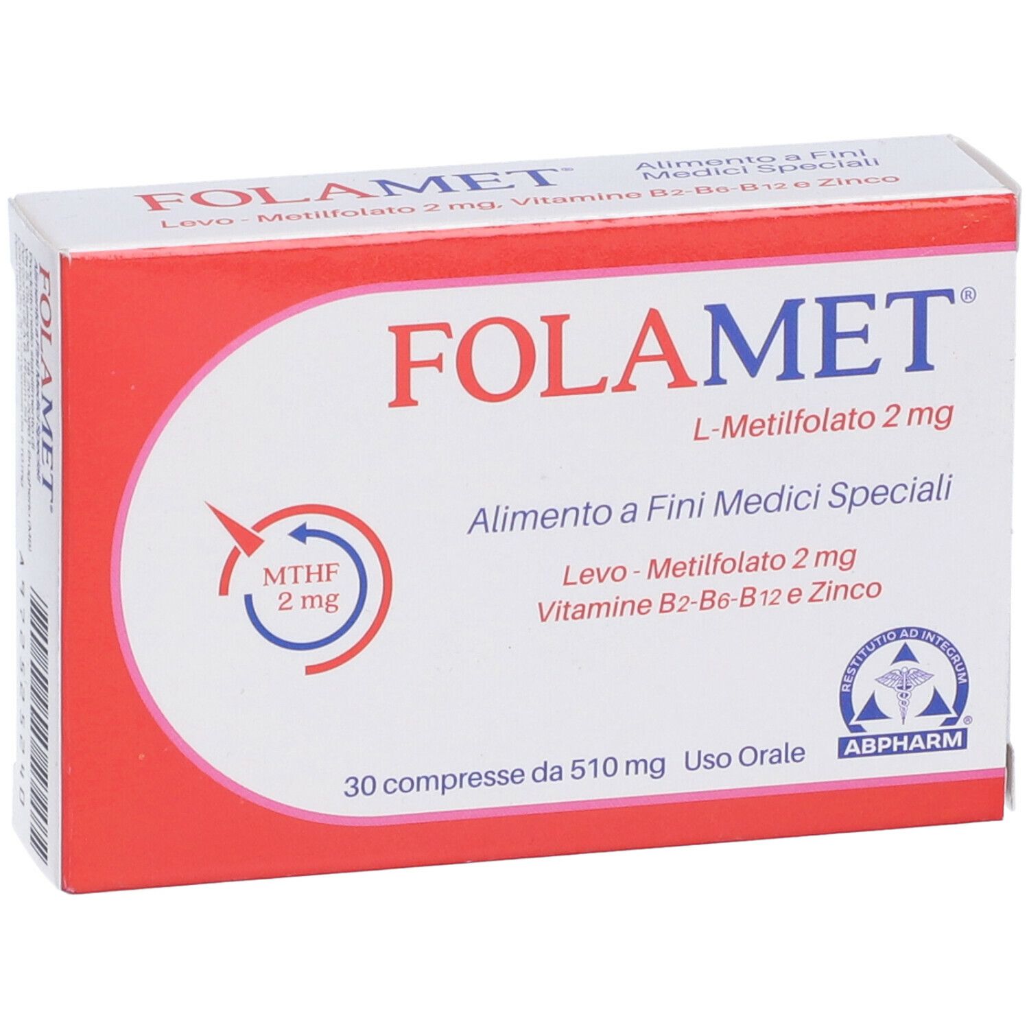 Scatola di compresse Folamet. Scritta: Folamet, L-Metilfolato 2 mg, 30 compresse. Logo e testo in italiano.