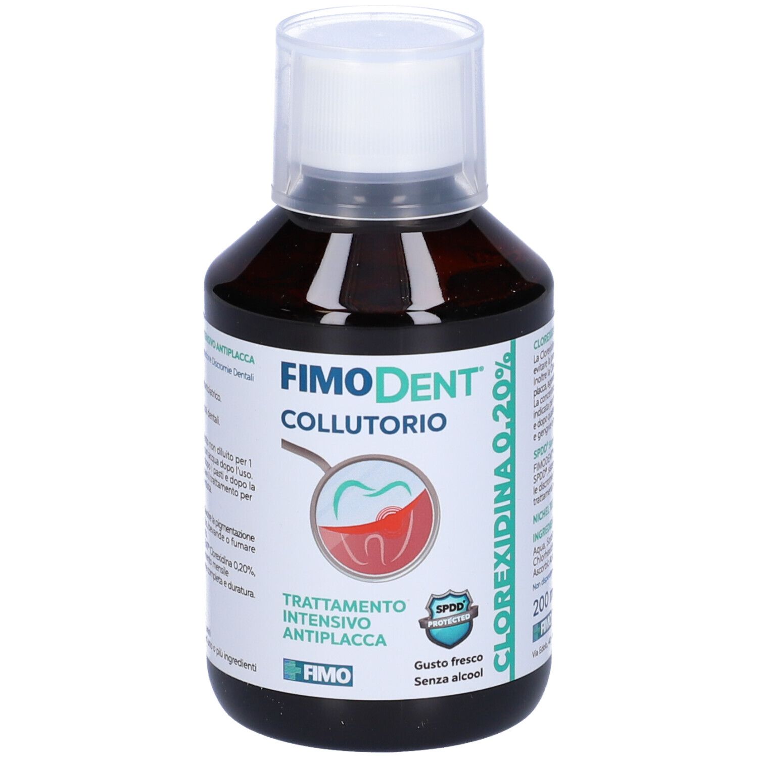 Flacone di Fimodent Collutorio 0,20%. Liquido marrone, tappo bianco. Informazioni sull'etichetta.