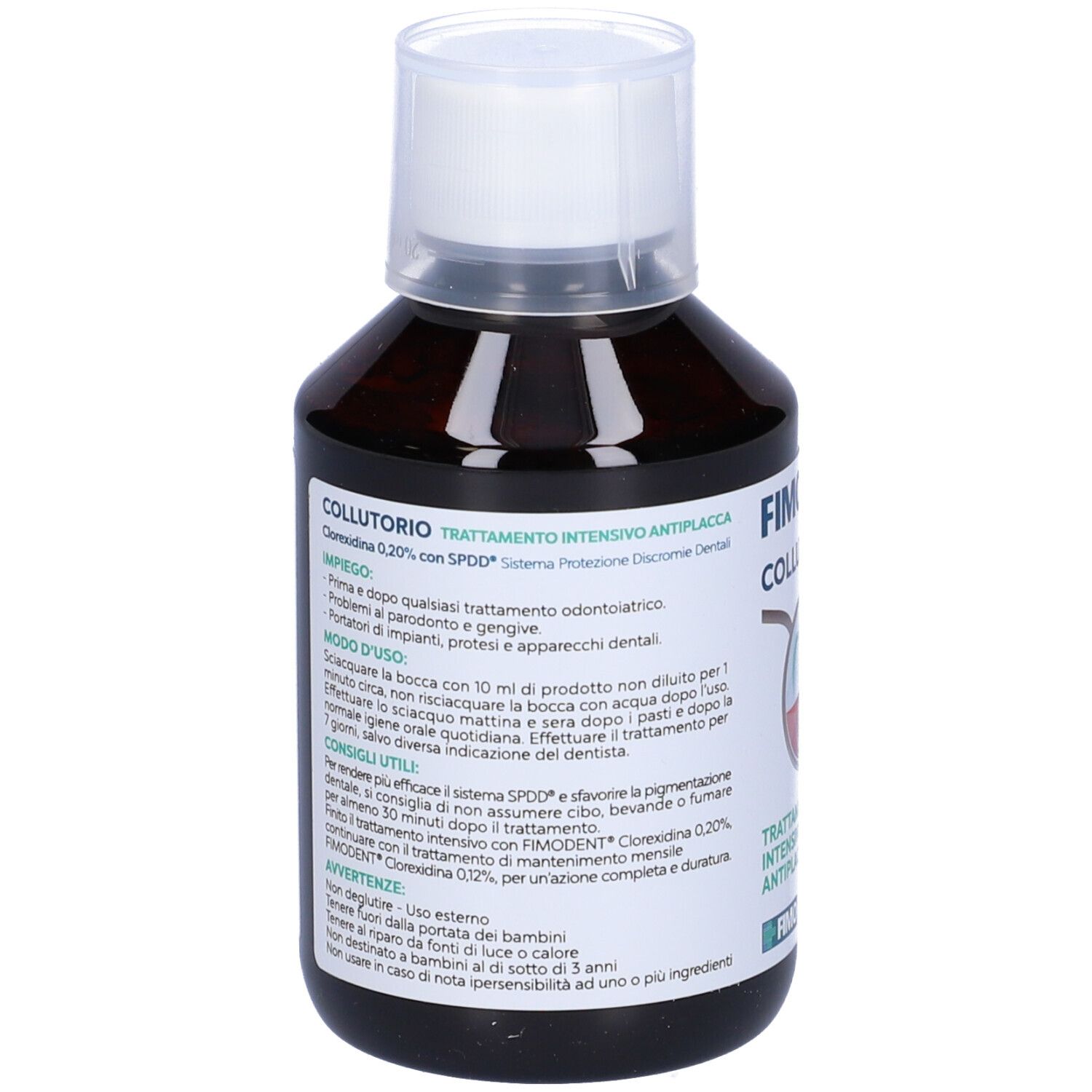Flacone di Fimodent Collutorio 0,20%. Retro con informazioni e ingredienti.