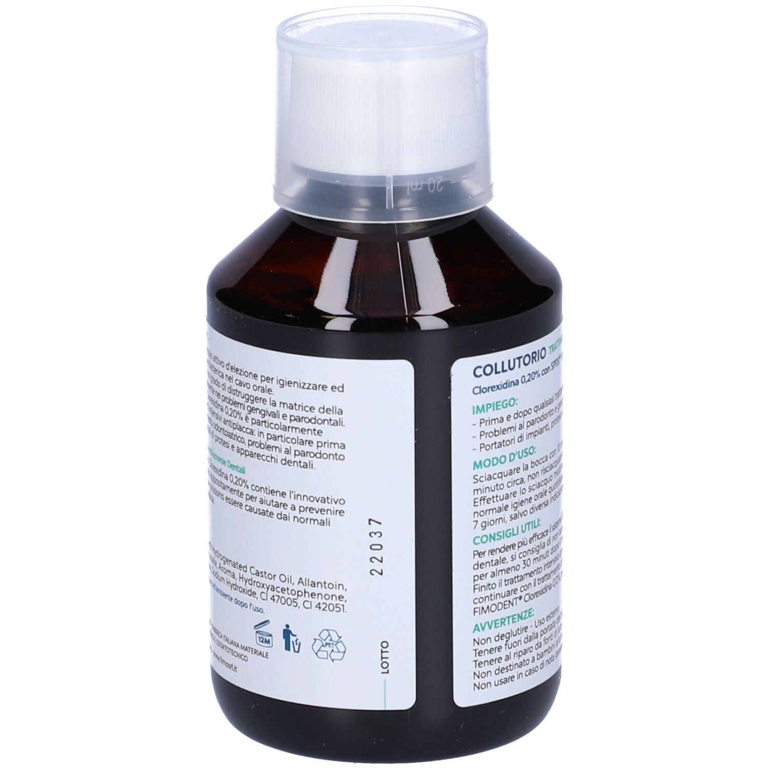 Flacone di Fimodent Collutorio 0,20%. Retro con informazioni e ingredienti.
