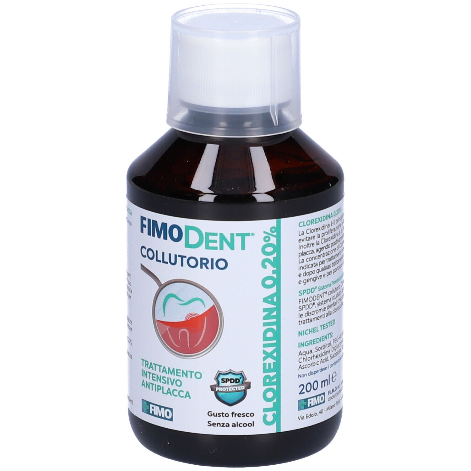 Flacone di Fimodent Collutorio 0,20%. Fronte con informazioni e logo.