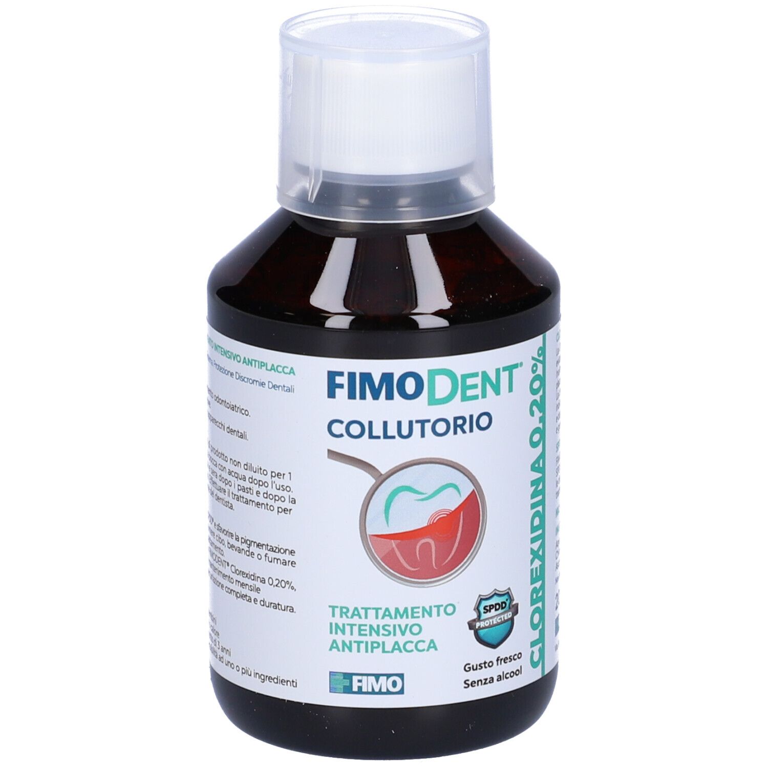 Flacone di Fimodent Collutorio 0,20%. Fronte con informazioni e logo.