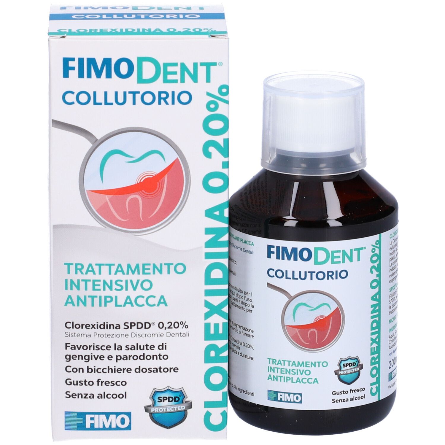 Flacone e confezione di Fimodent Collutorio 0,20%. Prodotti affiancati.