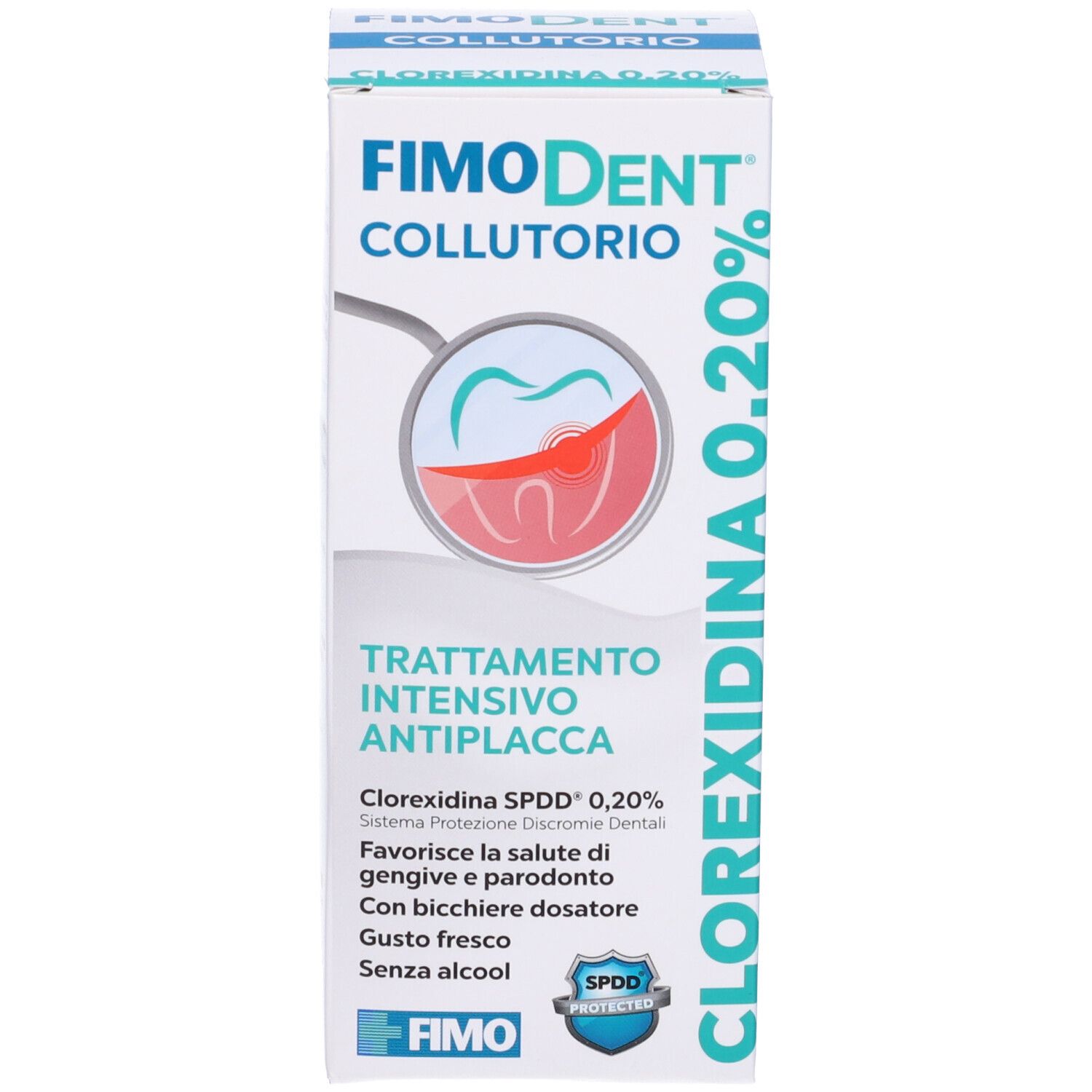 Confezione di Fimodent Collutorio 0,20%. Scatola bianca e blu con informazioni.