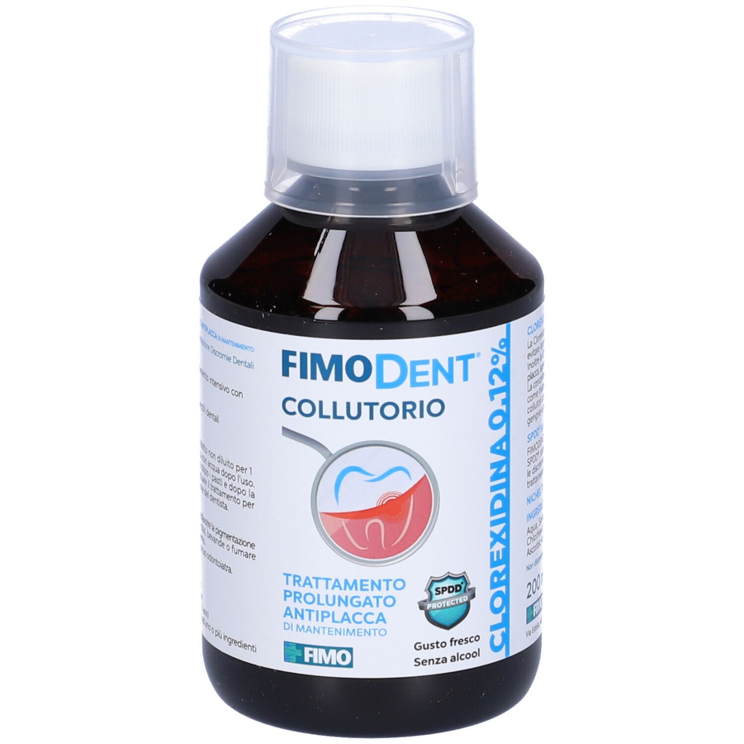 Flacone di Fimodent Collutorio. Liquido marrone, tappo bianco. Nome e logo del prodotto visibili.