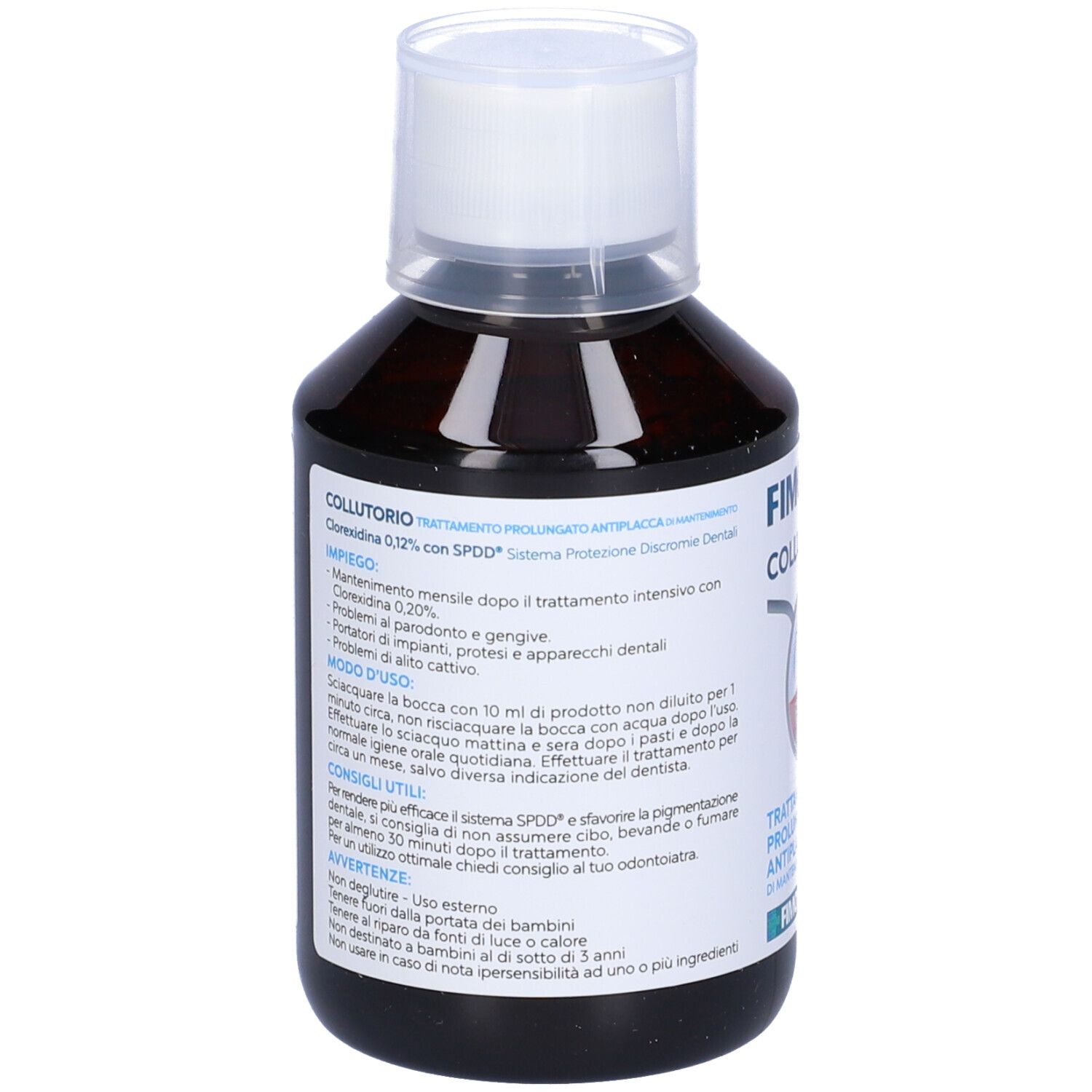 Flacone di Fimodent Collutorio. Liquido marrone, tappo bianco. Retro con testo.