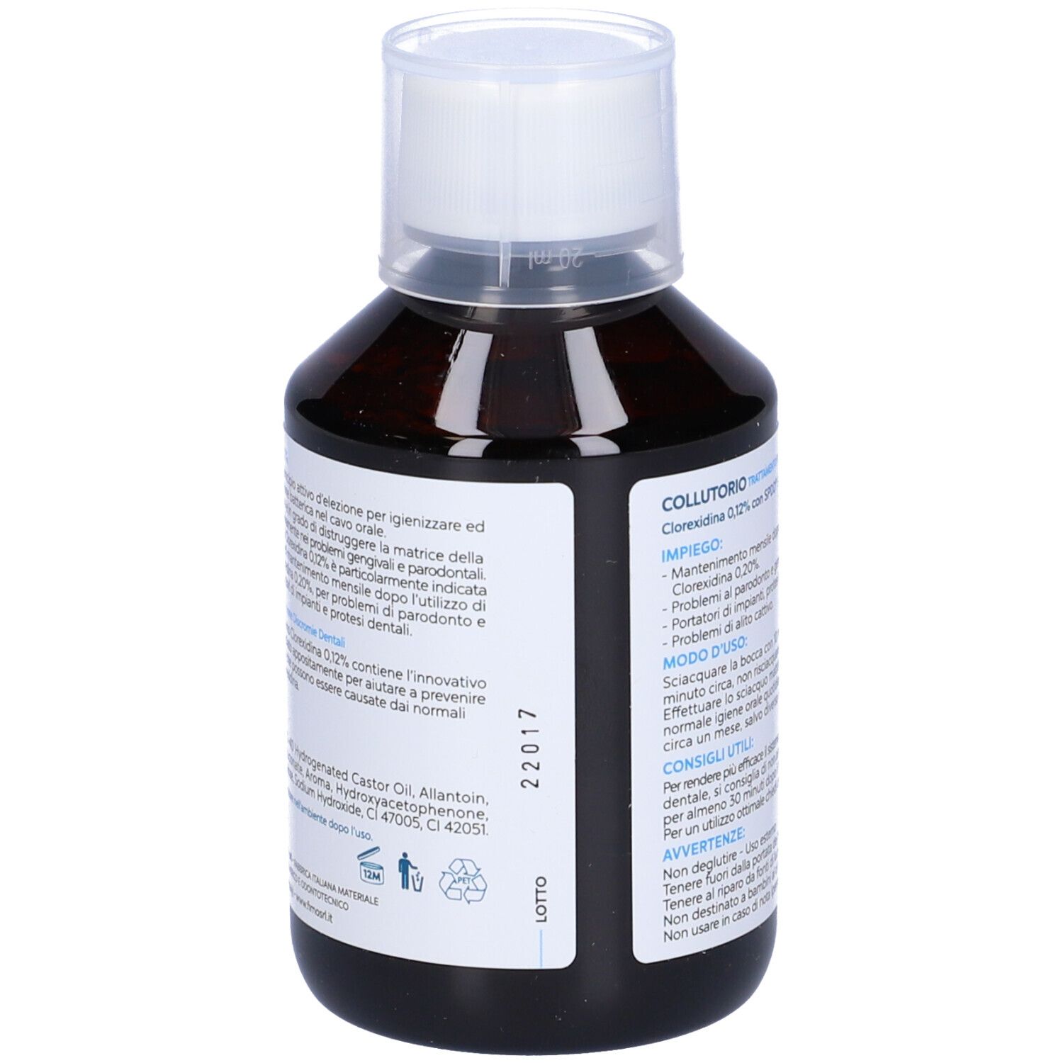 Flacone di Fimodent Collutorio. Liquido marrone, tappo bianco. Retro con testo.