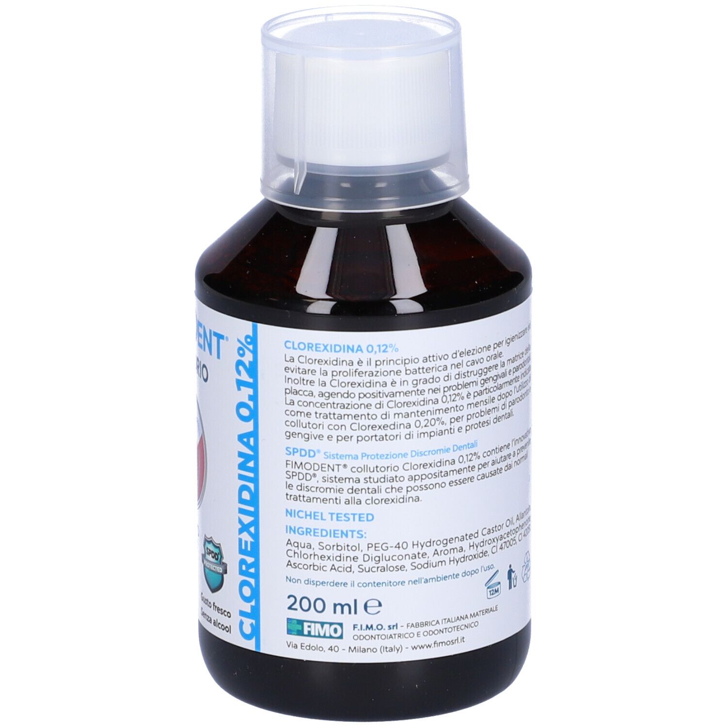 Flacone di Fimodent Collutorio. Liquido marrone, tappo bianco. Retro con testo.