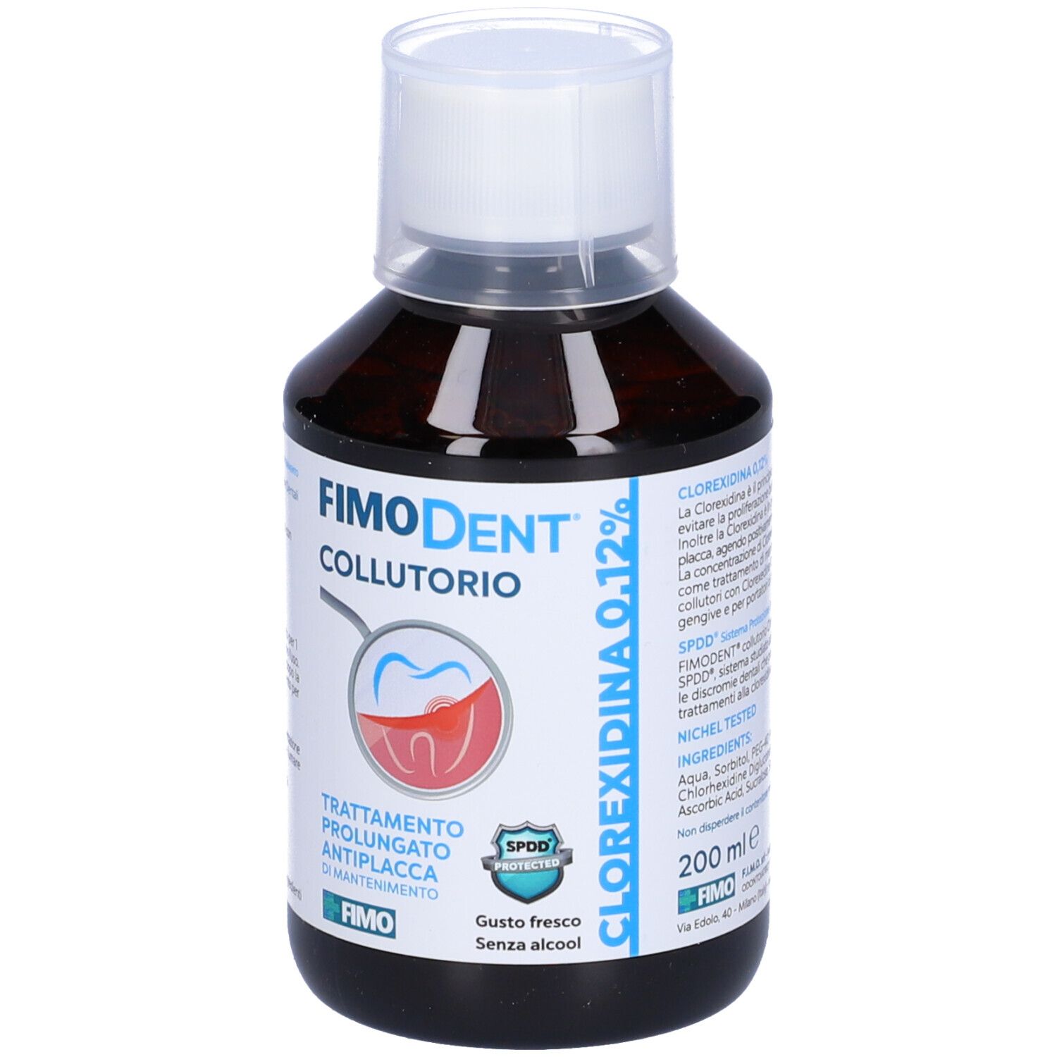 Flacone di Fimodent Collutorio. Liquido marrone, tappo bianco. Informazioni sul prodotto.