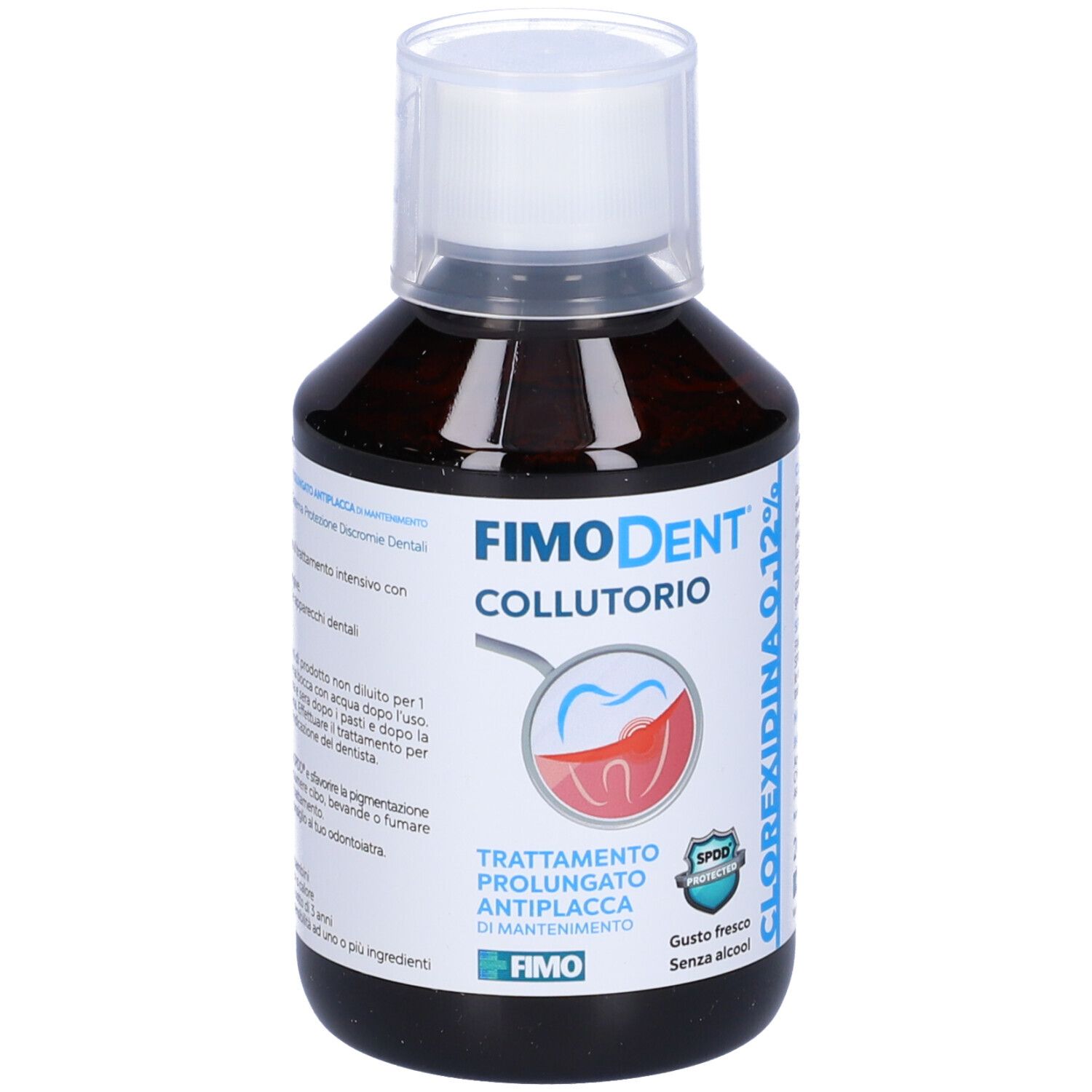 Flacone di Fimodent Collutorio. Liquido marrone, tappo bianco. Informazioni sul prodotto.
