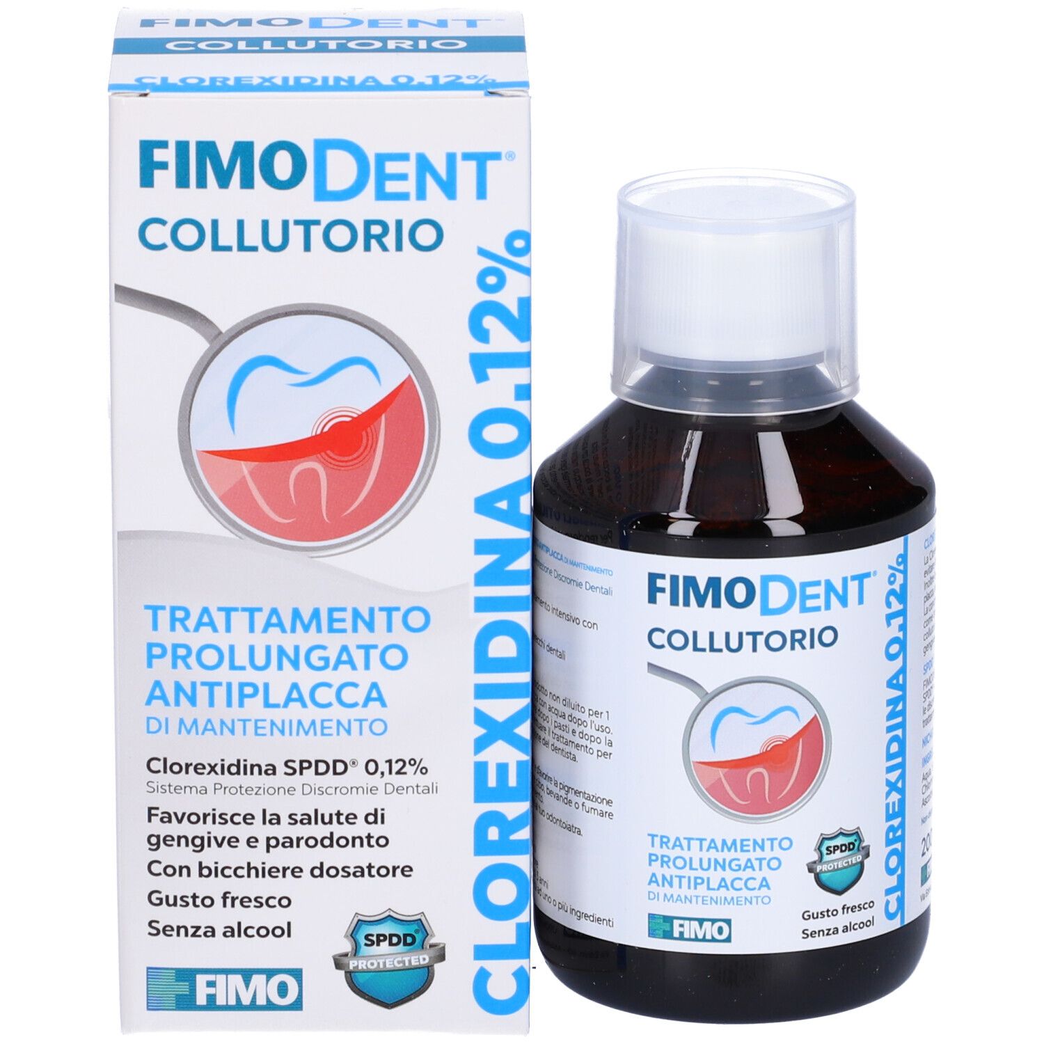 Flacone e scatola di Fimodent Collutorio. Prodotto affiancato. Tappo bianco, liquido marrone.