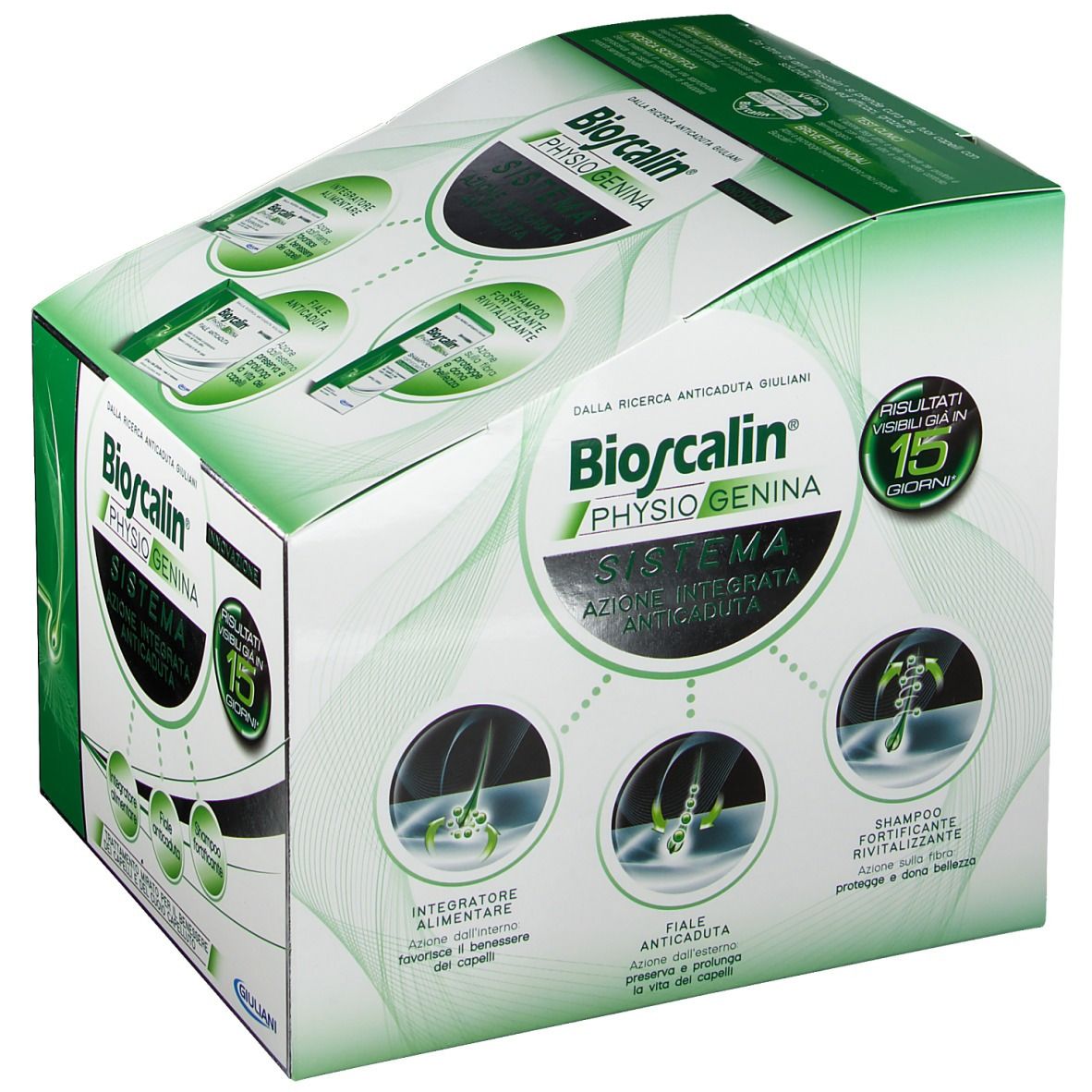 Confezione Bioscalin Physiogenina System. Scatola verde e bianca con immagini e testo. Contiene integratore, fiale e shampoo.
