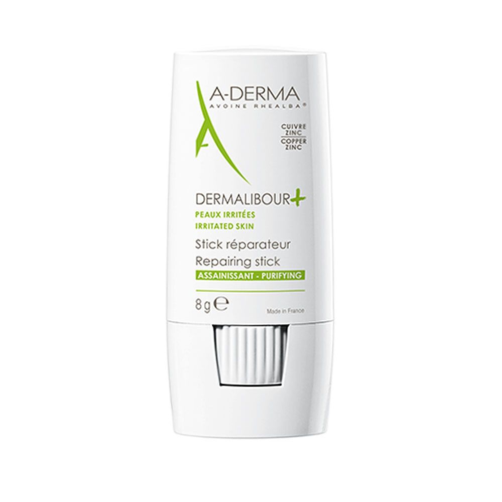 Stick bianco con testo verde. Scritta: A-DERMA, Dermalibour+, Stick réparateur, 8g.